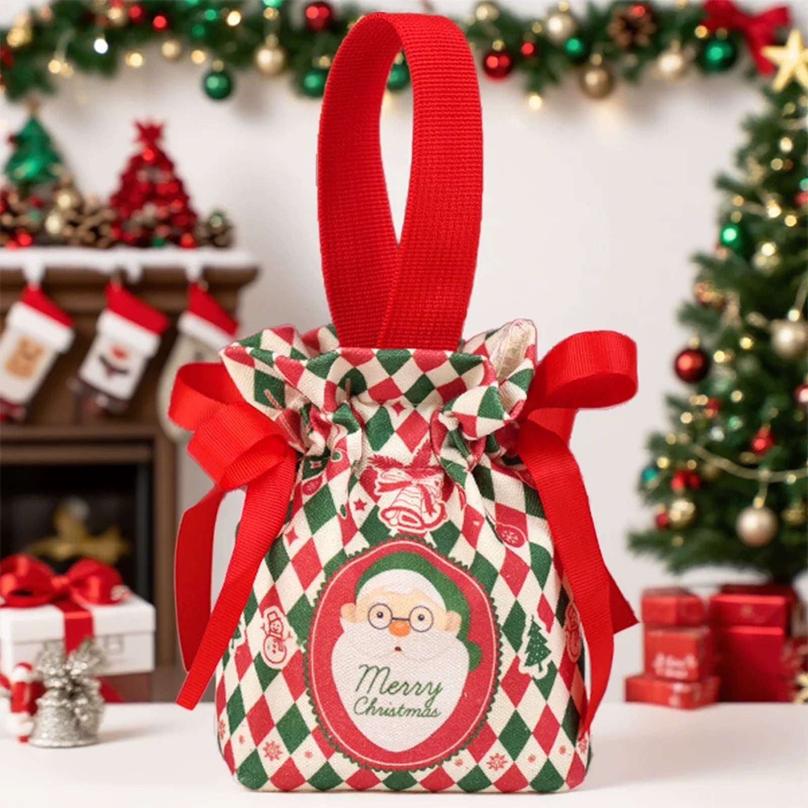 Canvas Christmas Drawstring Gift Bags – Christmas Plaid / Small