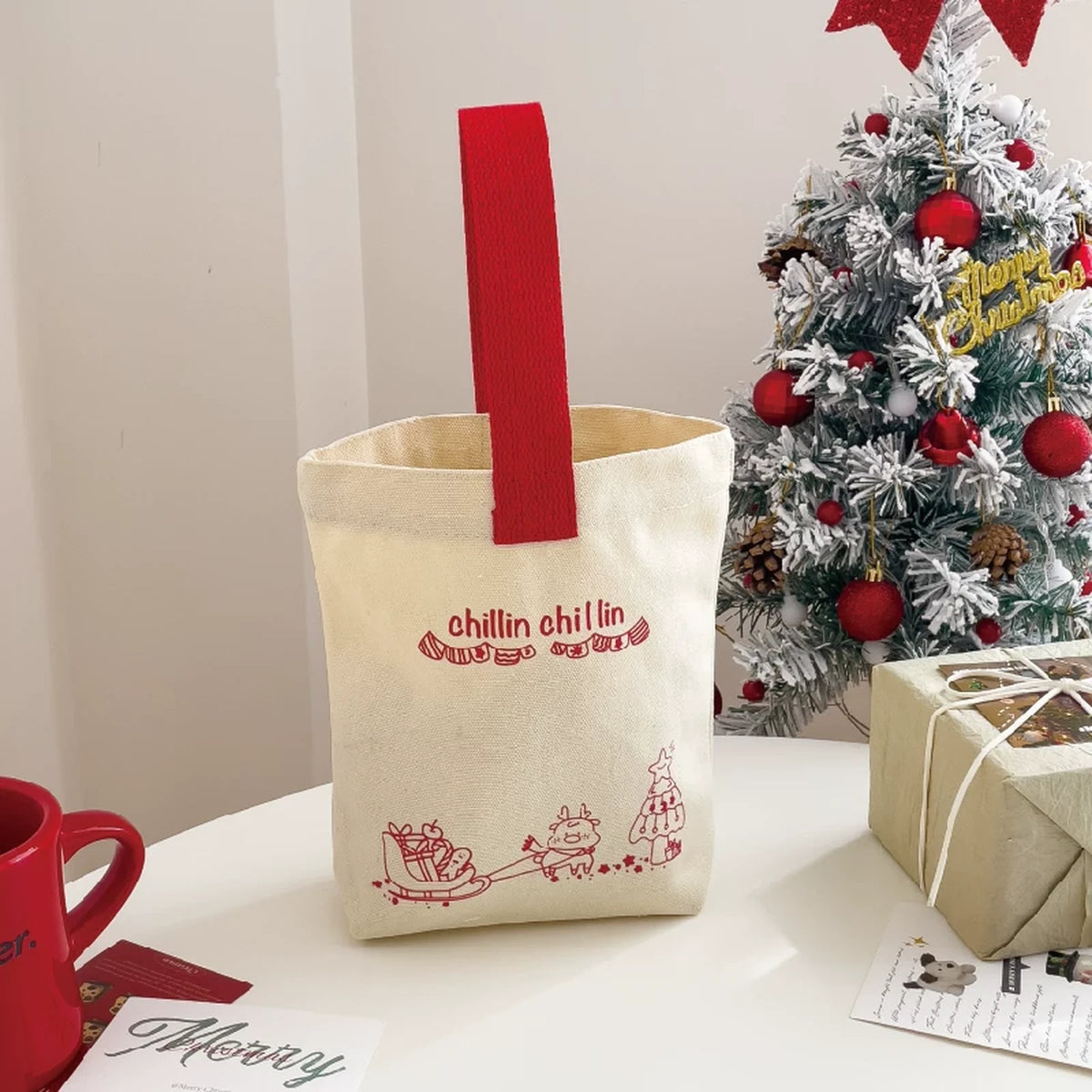 Beige Canvas Christmas Treat Gift Bags – Beige Christmas Style 01 – 22 × 22 × 7 cm