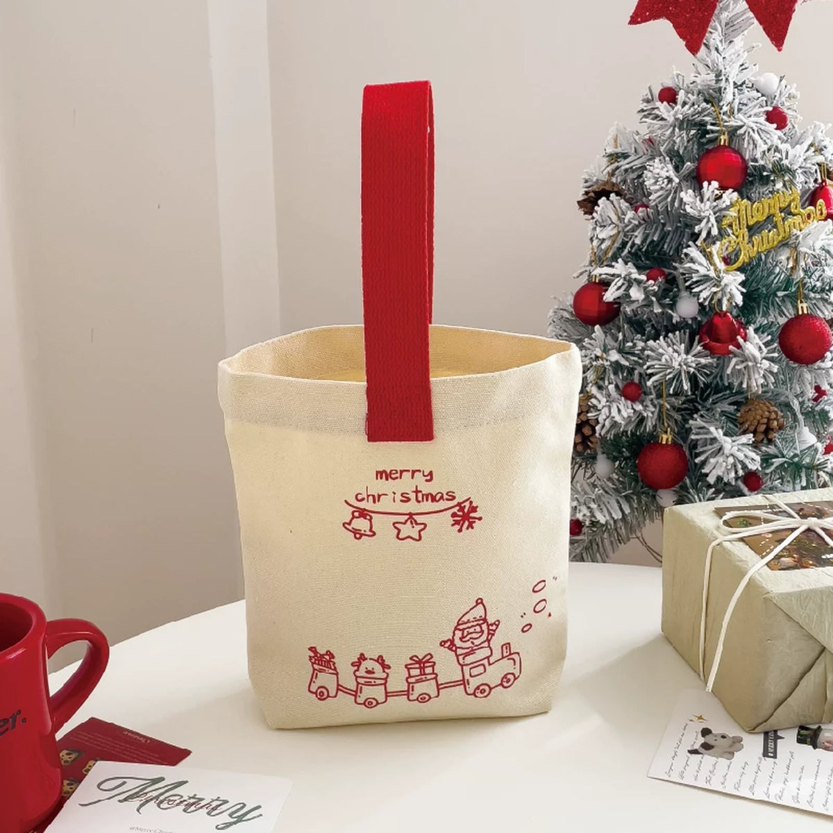 Beige Canvas Christmas Treat Gift Bags – Beige Christmas Style 02 – 22 × 22 × 7 cm