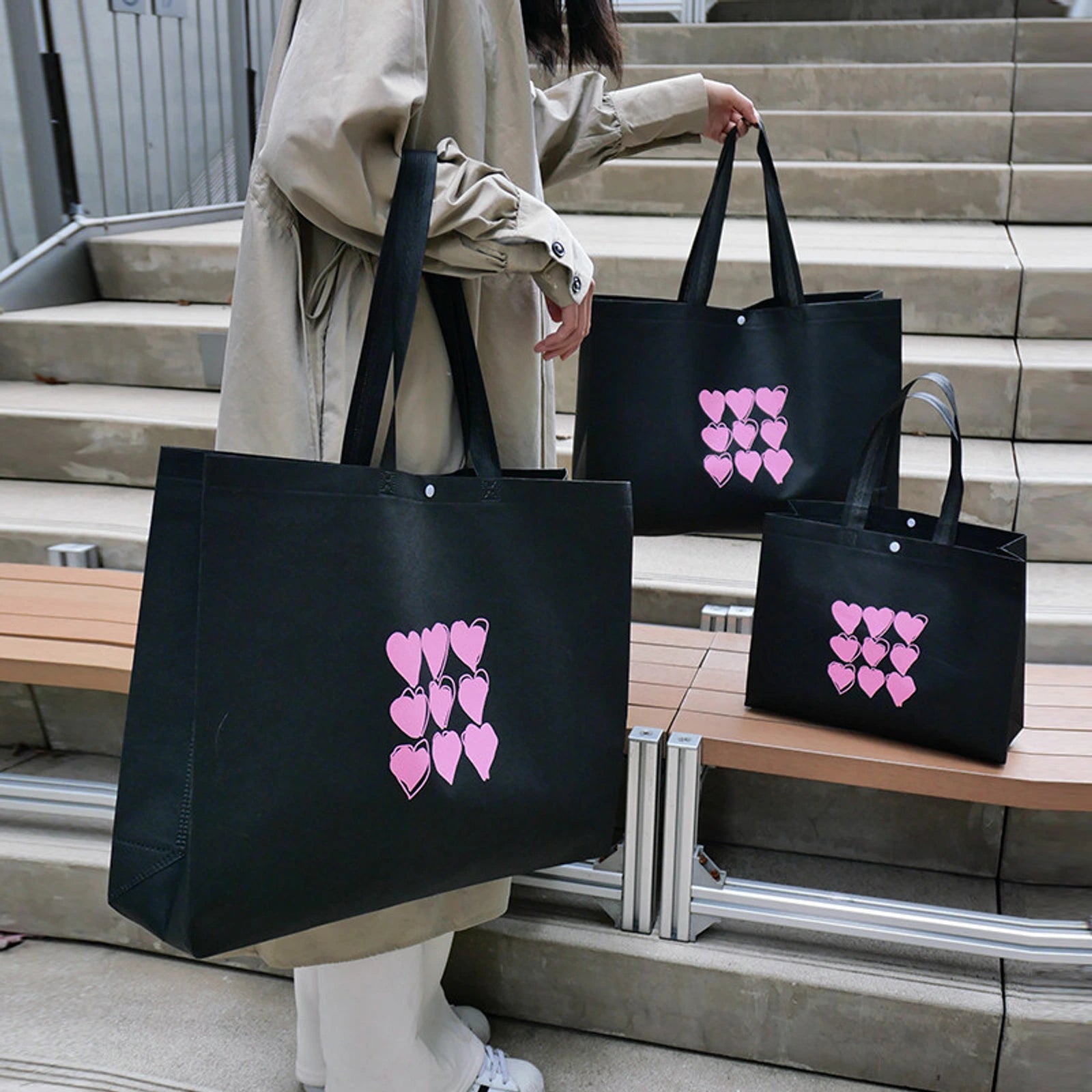 Ancora-Red Non-Woven Tote Bags — 5 Styles — Gusseted — Black & Pink Heart Print