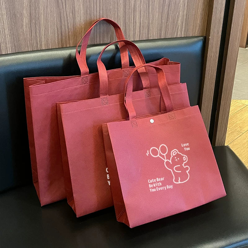 Ankara red non-woven snap tote bag with balloon bear print