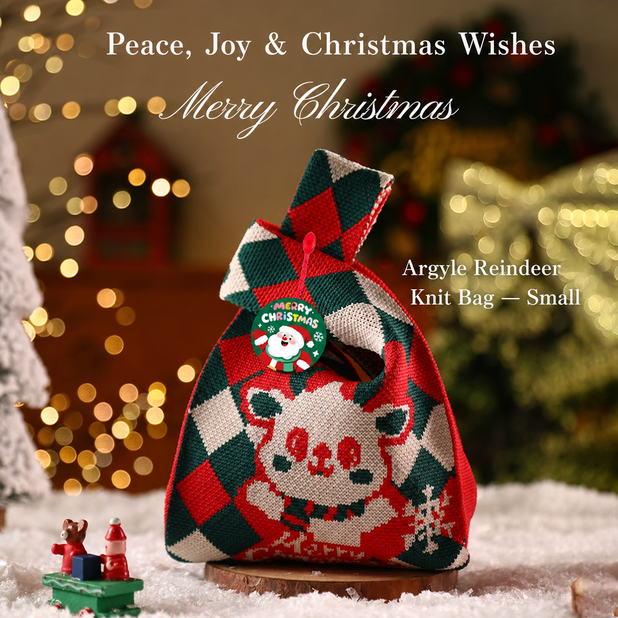 Argyle reindeer knitted Christmas gift bag