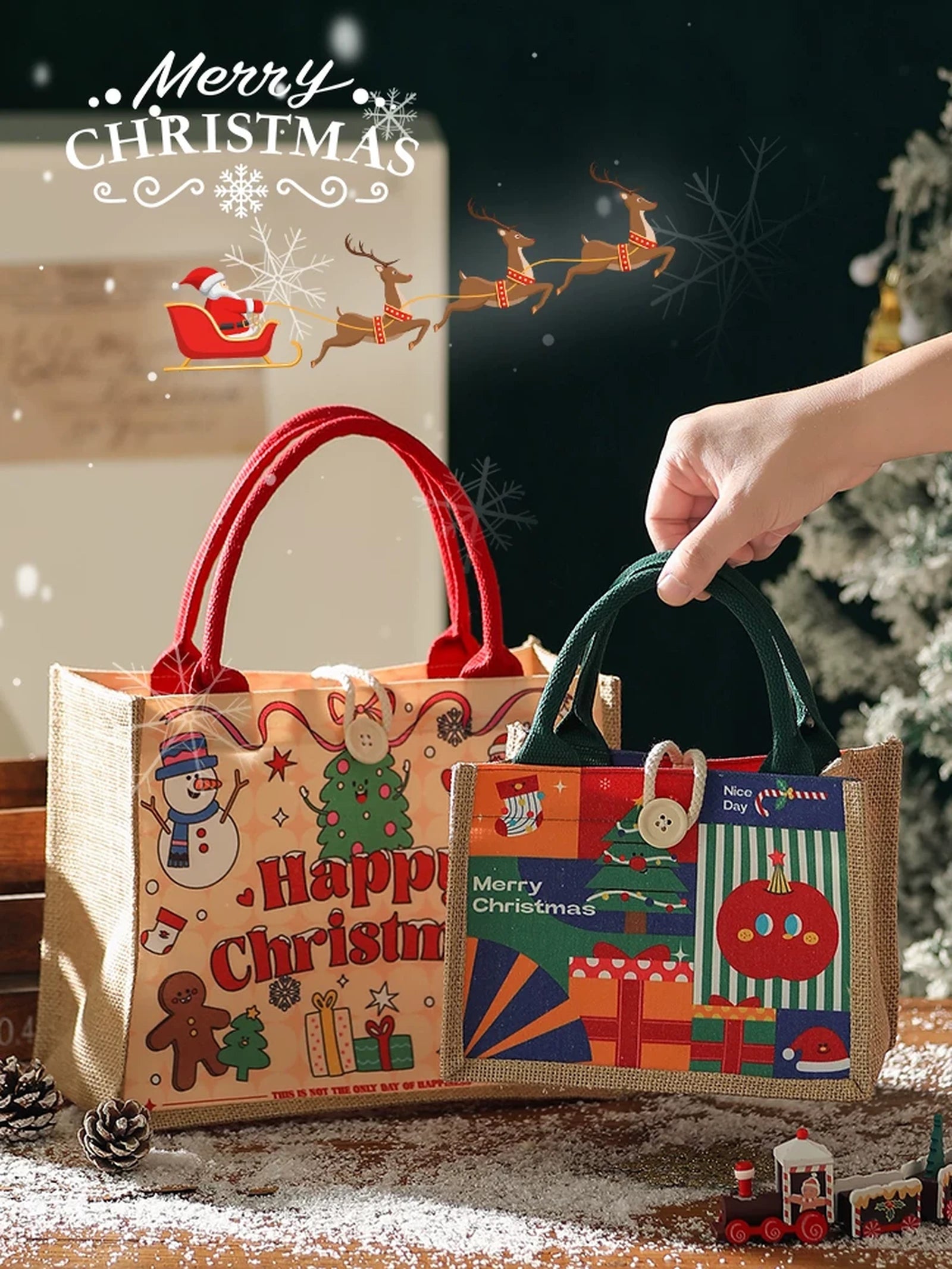 Assorted Christmas Fabric Gift Bags with Handles – product view