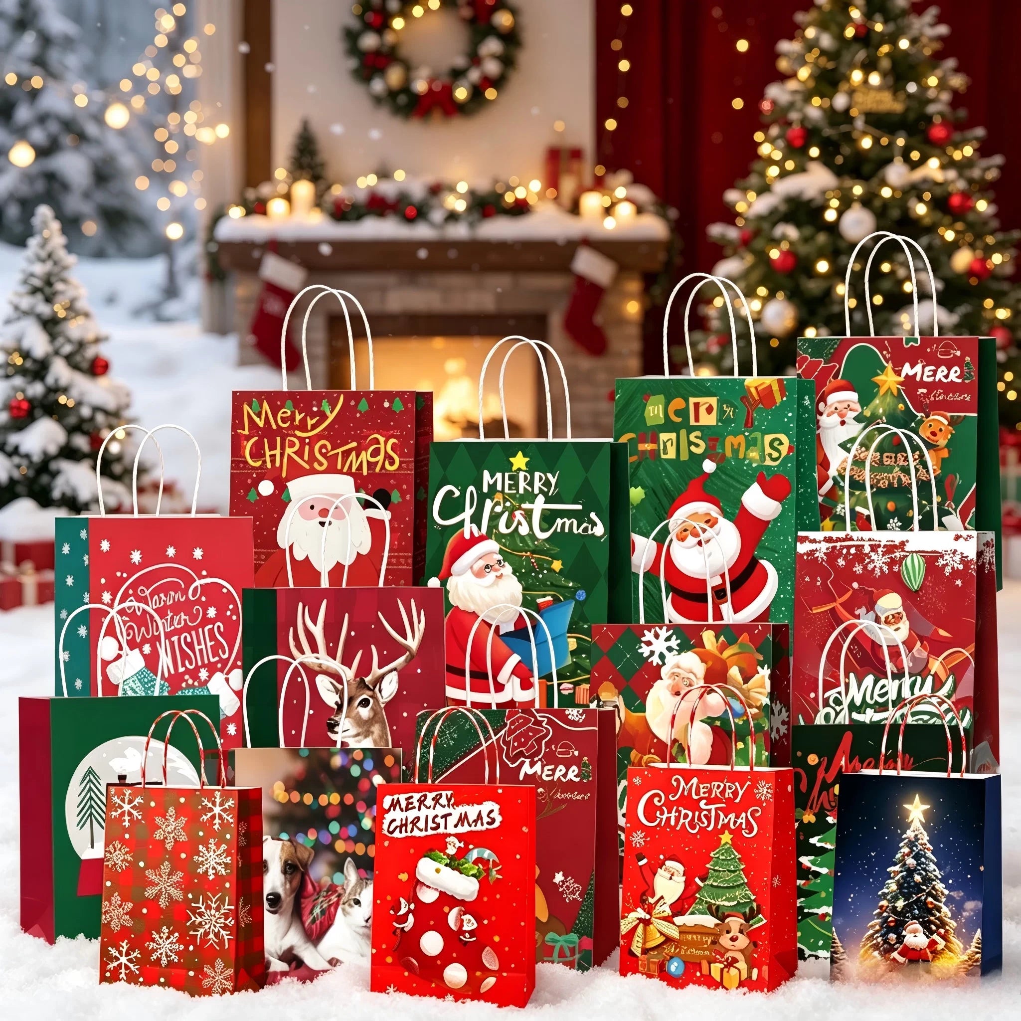 Assorted Christmas Paper Gift Bags with Rope Handles – product view 01