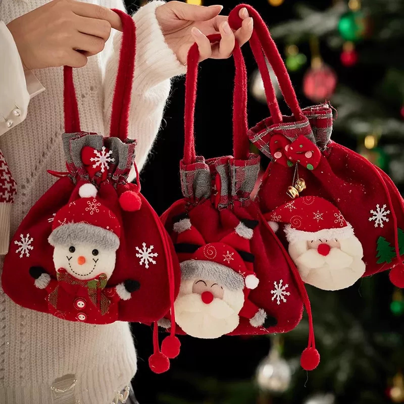 Assorted Fabric Christmas Apple Gift Bags with Handles – product view 01