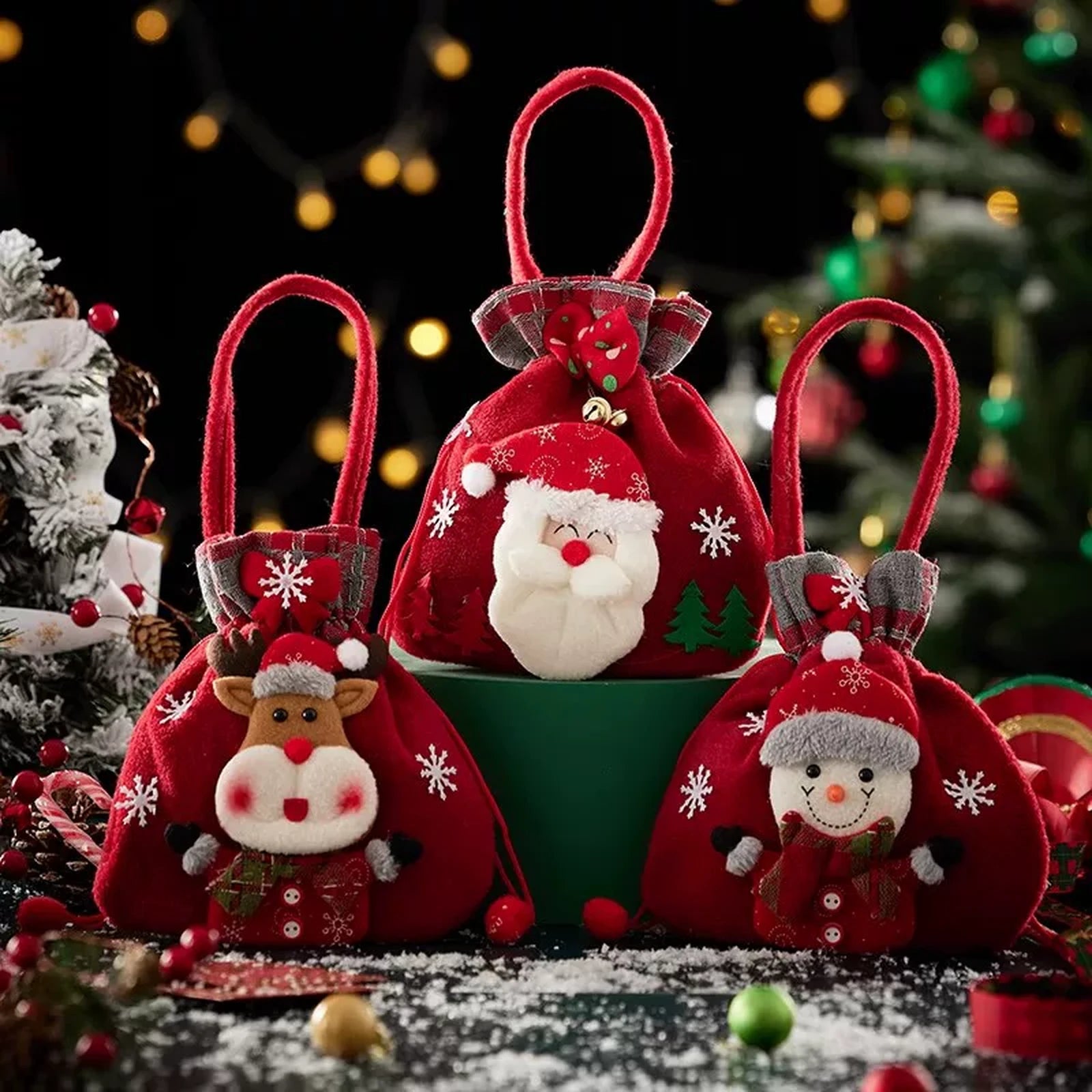 Assorted Fabric Christmas Apple Gift Bags with Handles – product view 02