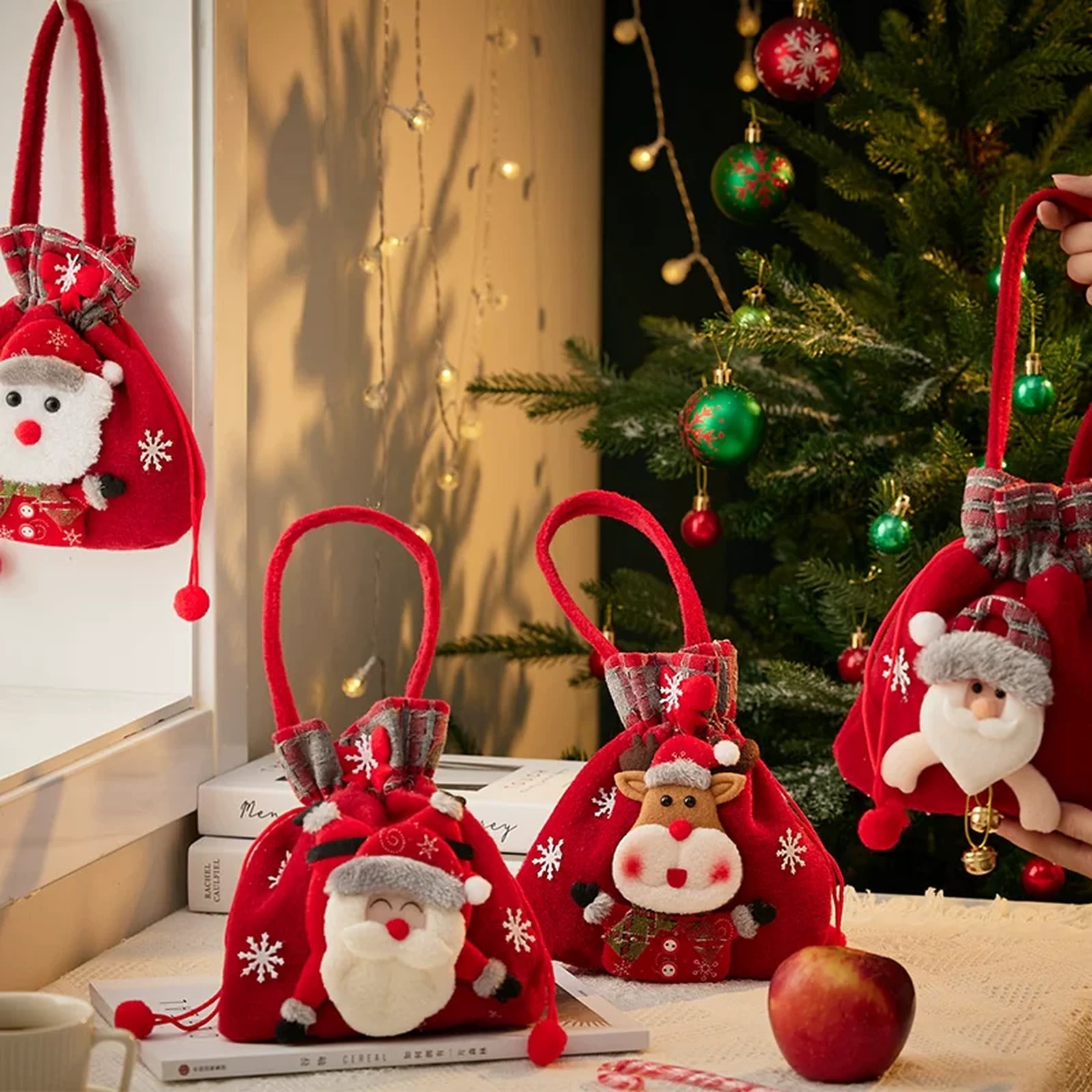 Assorted Fabric Christmas Apple Gift Bags with Handles – product view 03