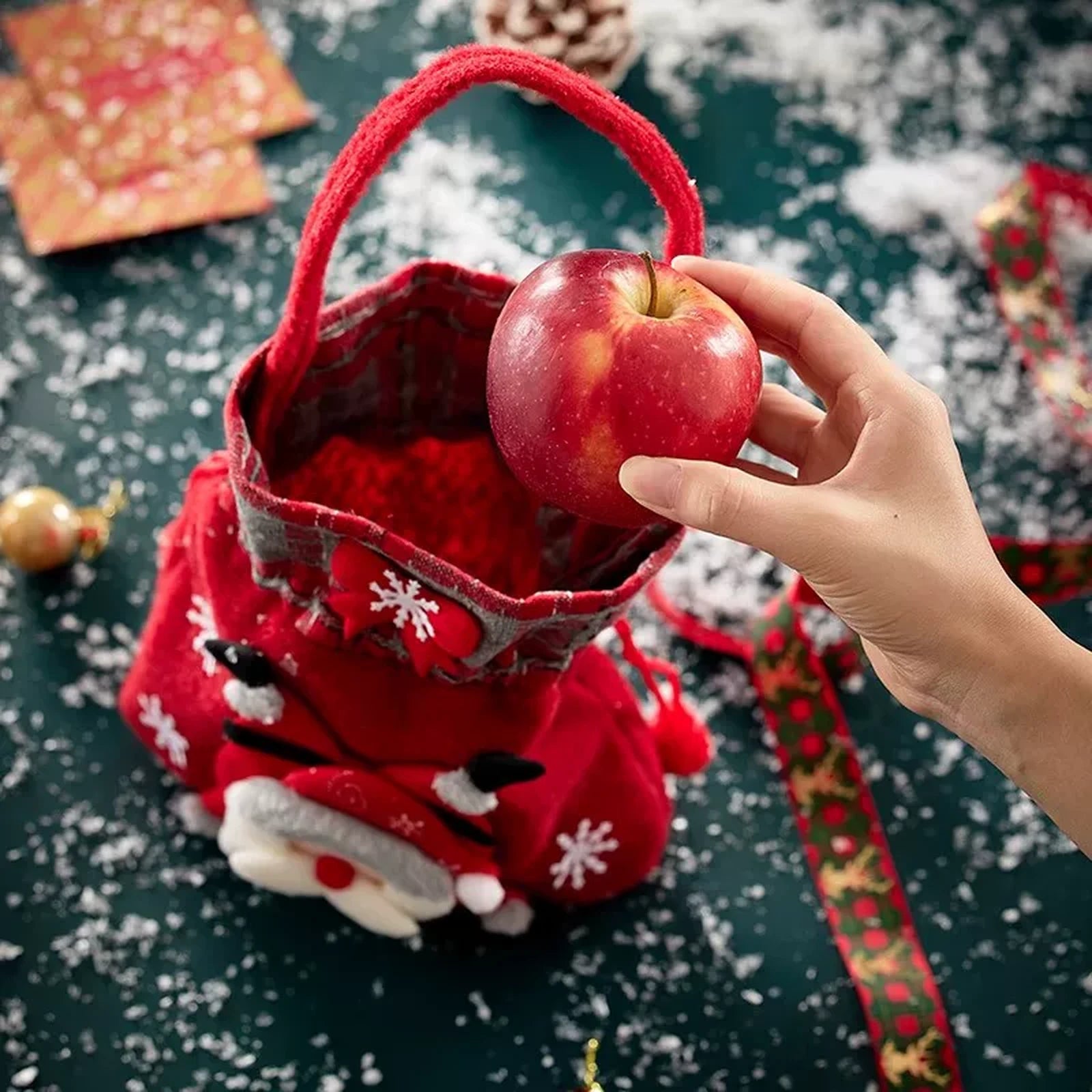 Assorted Fabric Christmas Apple Gift Bags with Handles – product view 04