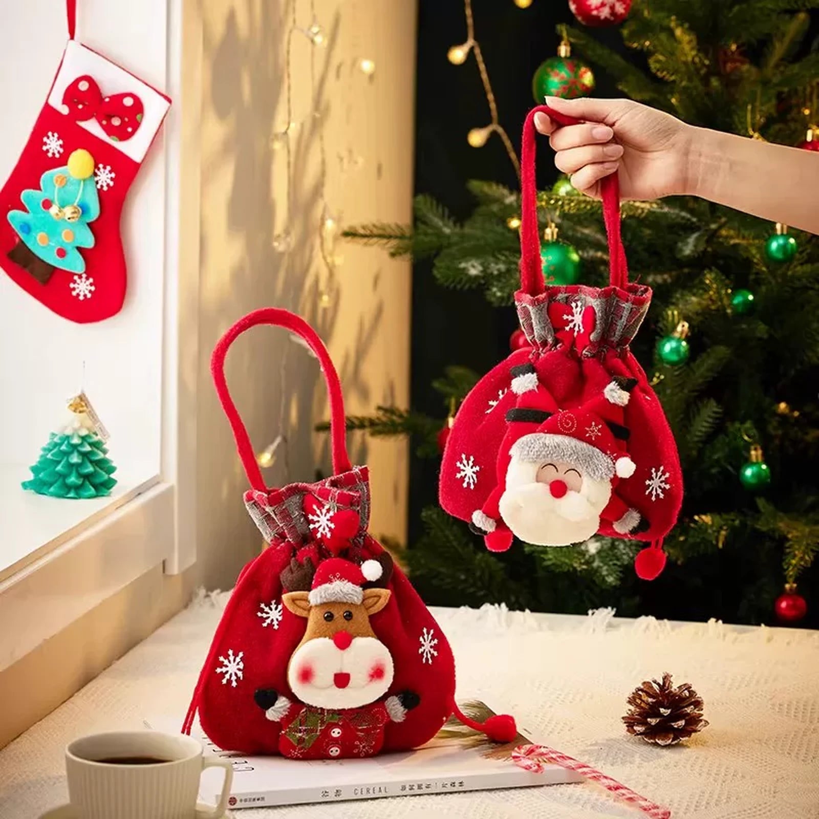 Assorted Fabric Christmas Apple Gift Bags with Handles – product view 05