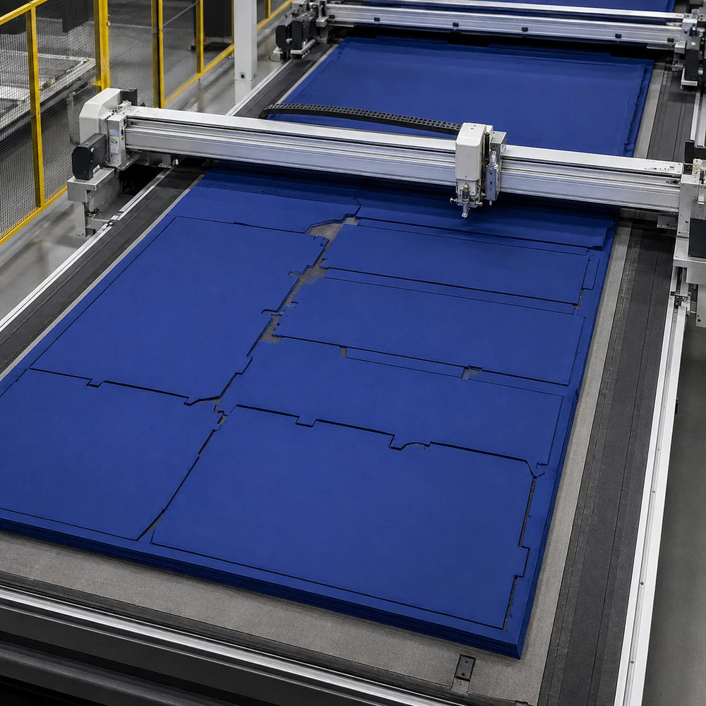 Automated gantry cutter preparing cobalt ripstop panels for drawstring bags