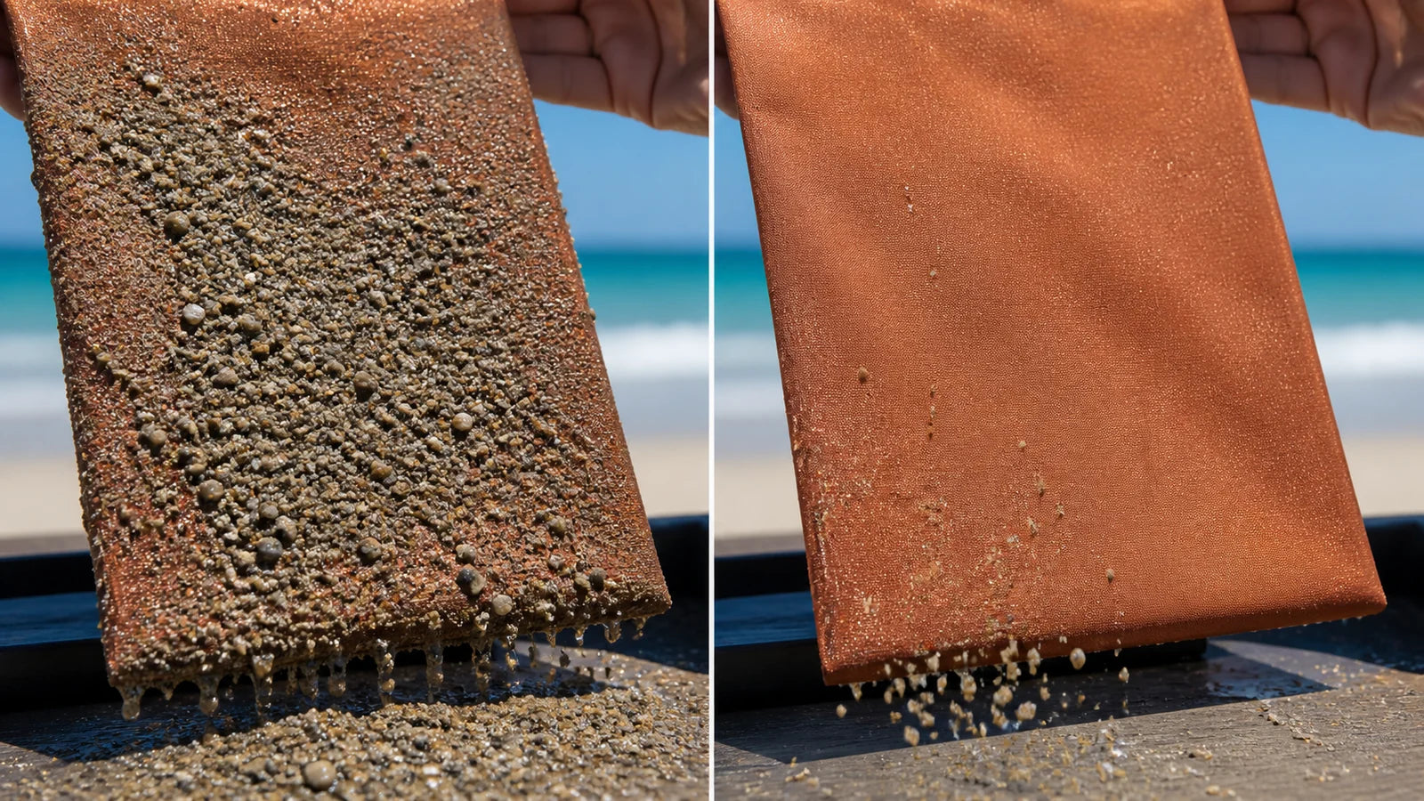 Wet sand release comparison on coated beach bag fabric