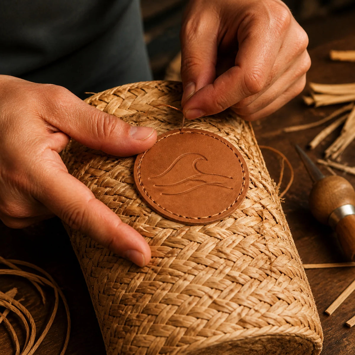 Debossed leather logo patch on a straw beach bag
