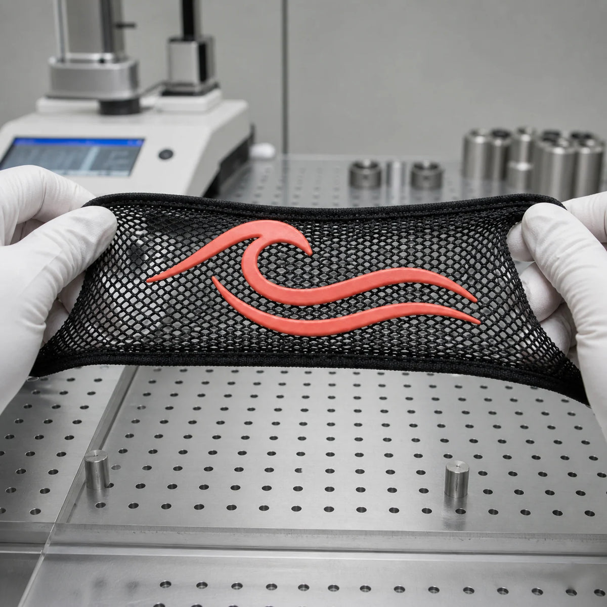 Elastic silicone logo print on mesh beach bag fabric