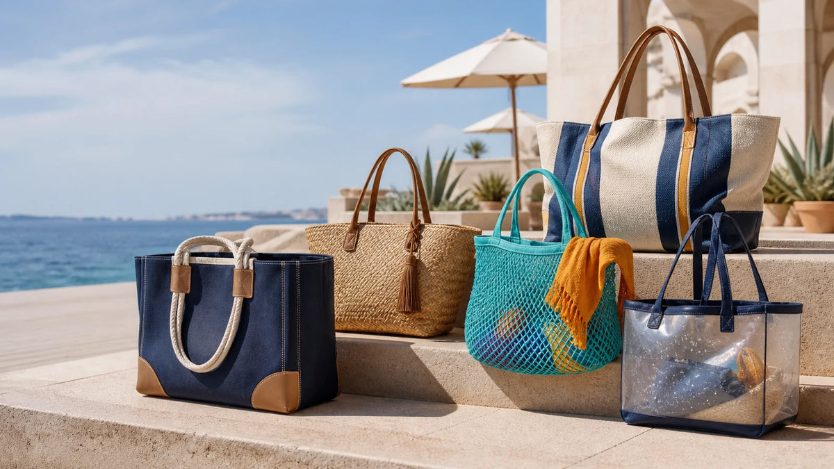 Diverse custom beach bag collection for luxury resorts in canvas, straw, mesh and waterproof materials