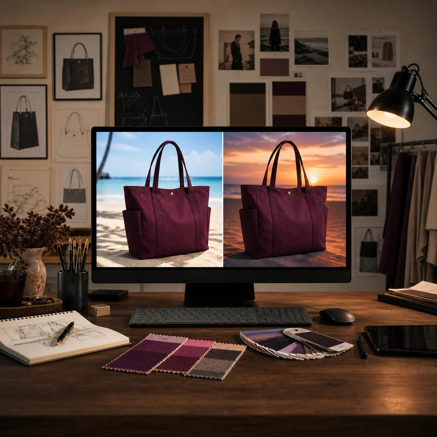 Custom beach bag lighting simulation in a design studio