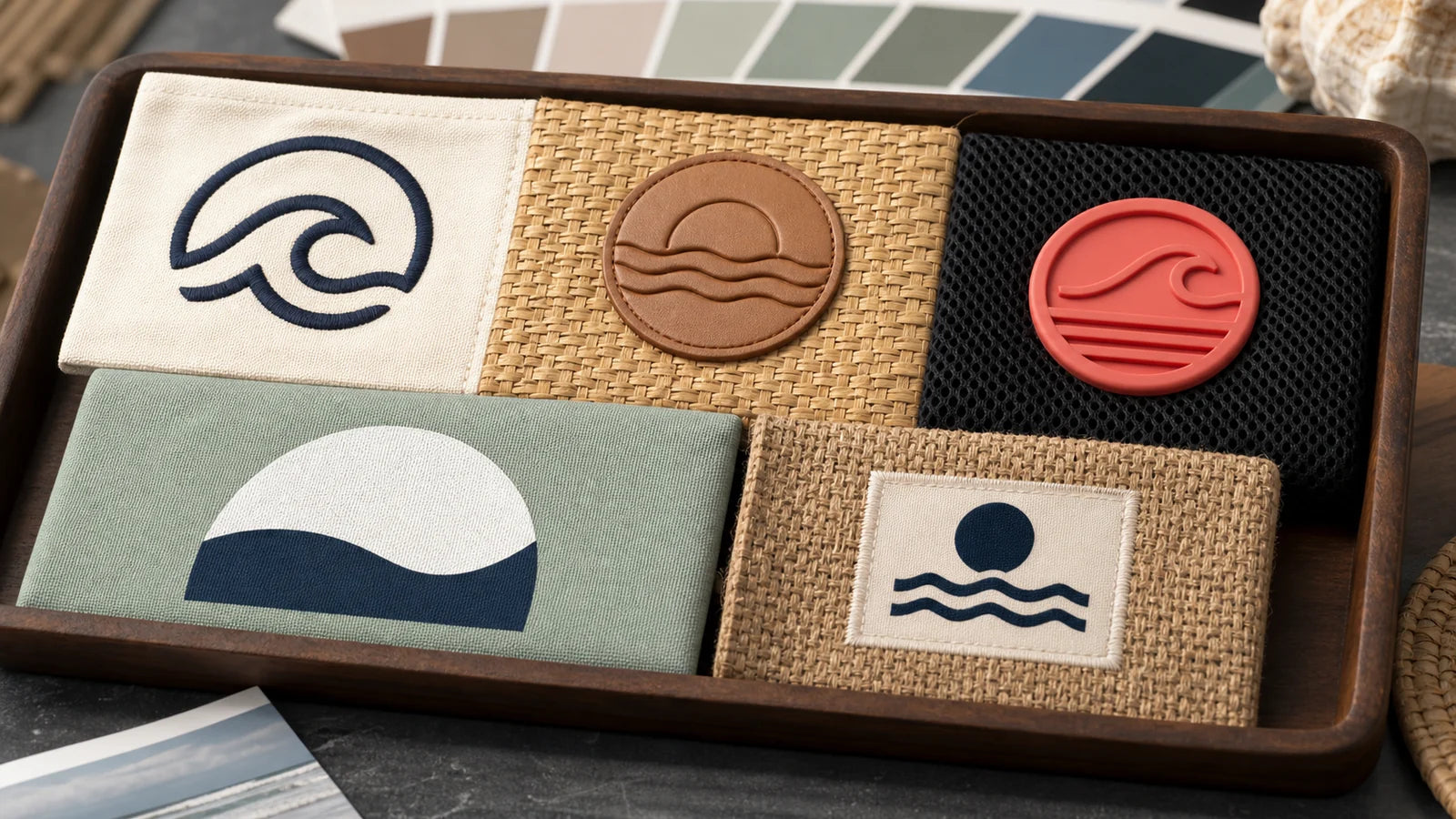 Logo decoration portfolio showing embroidery leather patch silicone print and woven label