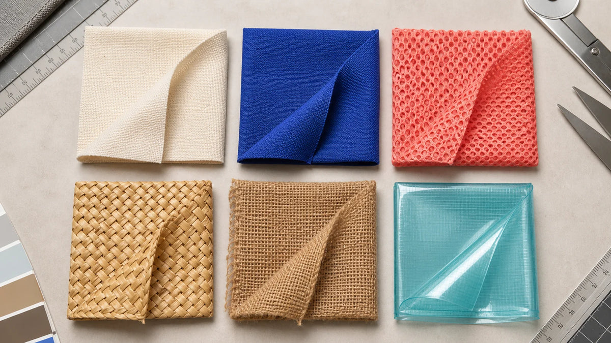 Custom beach bag material swatches including canvas mesh straw jute and waterproof TPU