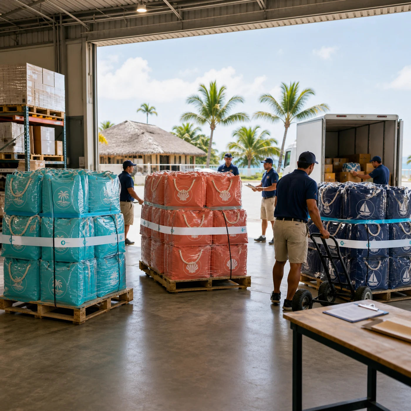 Bulk custom beach bags prepared for resort distribution