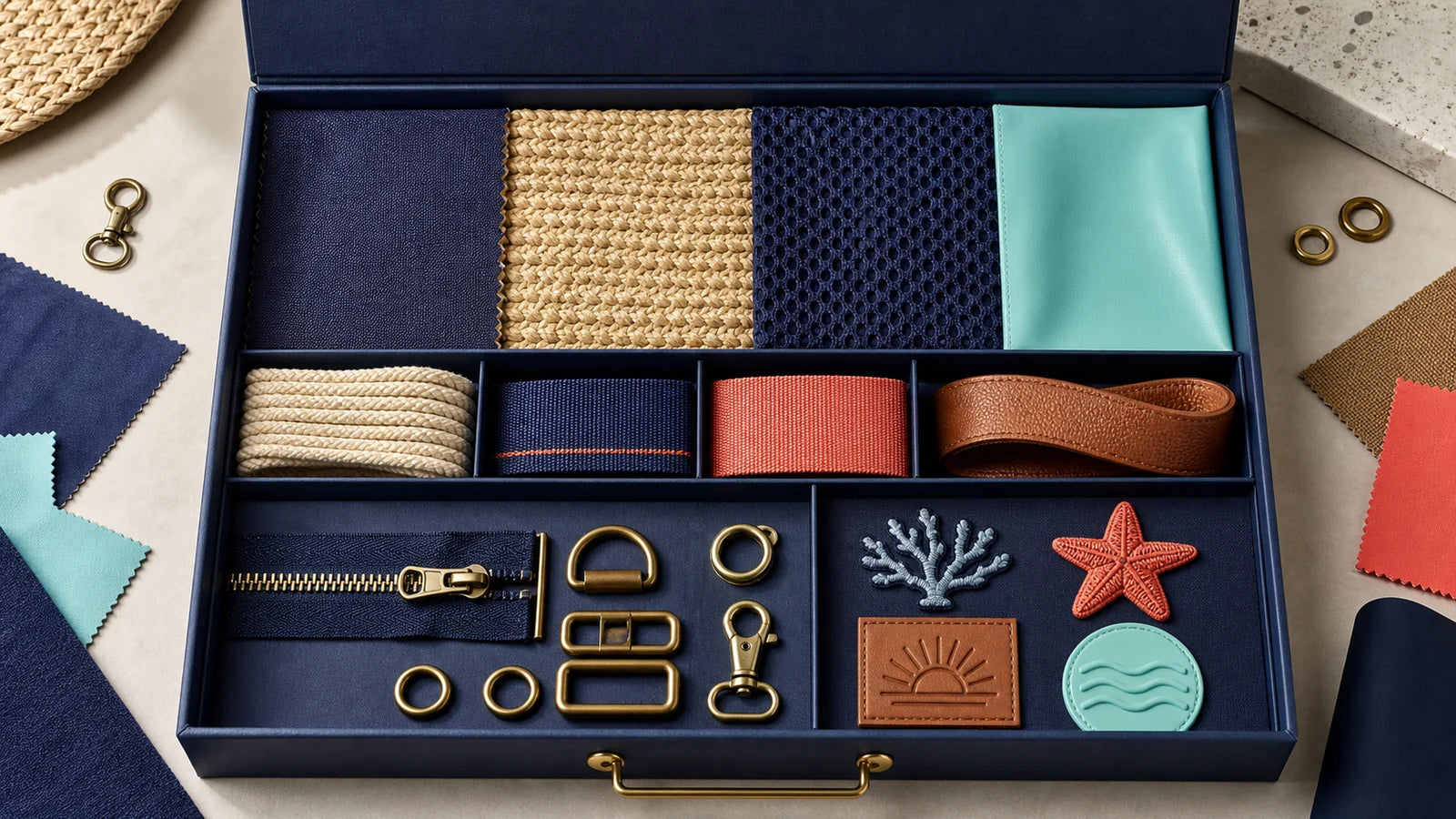 Open custom beach bag sample kit with fabric handle hardware and logo technique samples