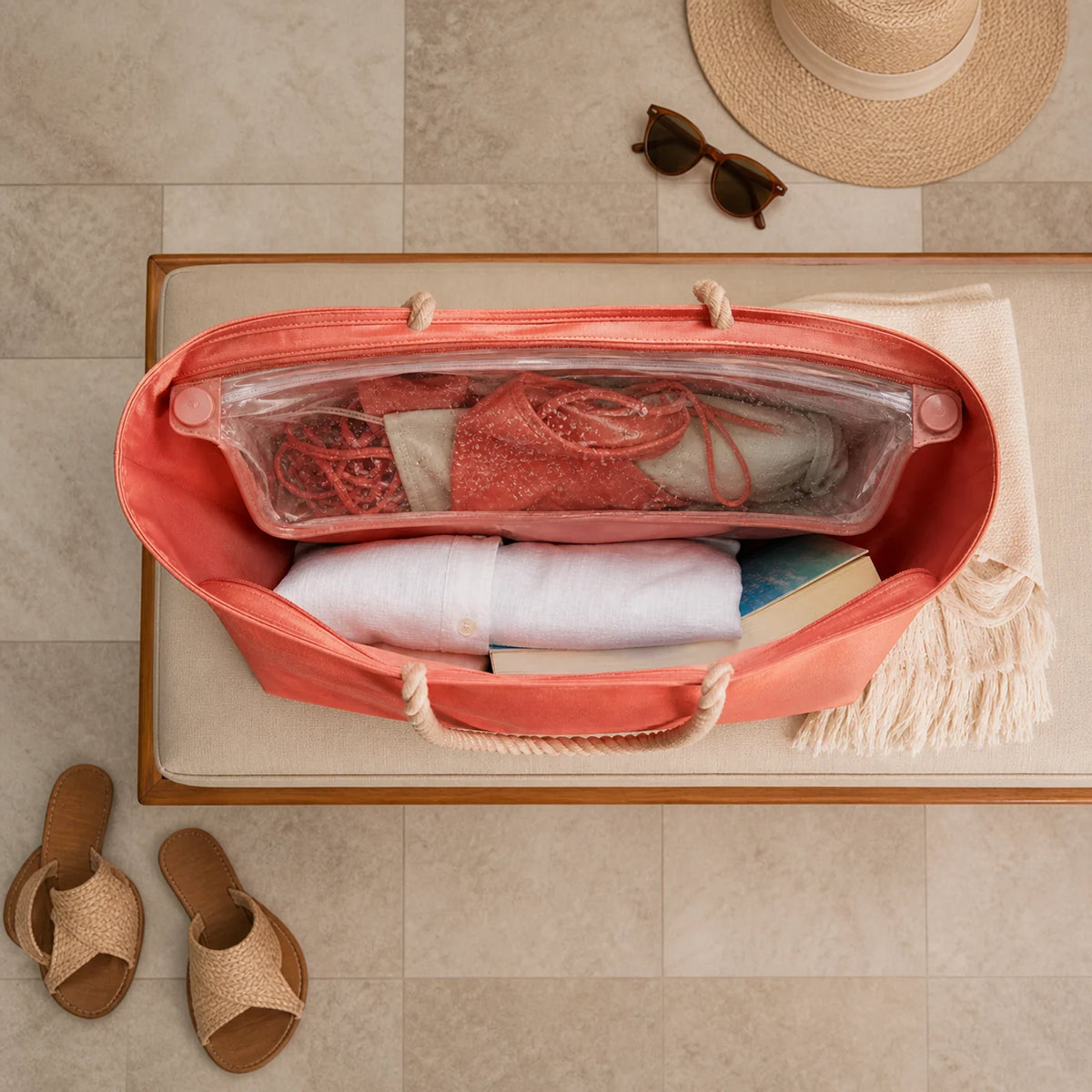 Waterproof wet compartment inside a custom beach bag