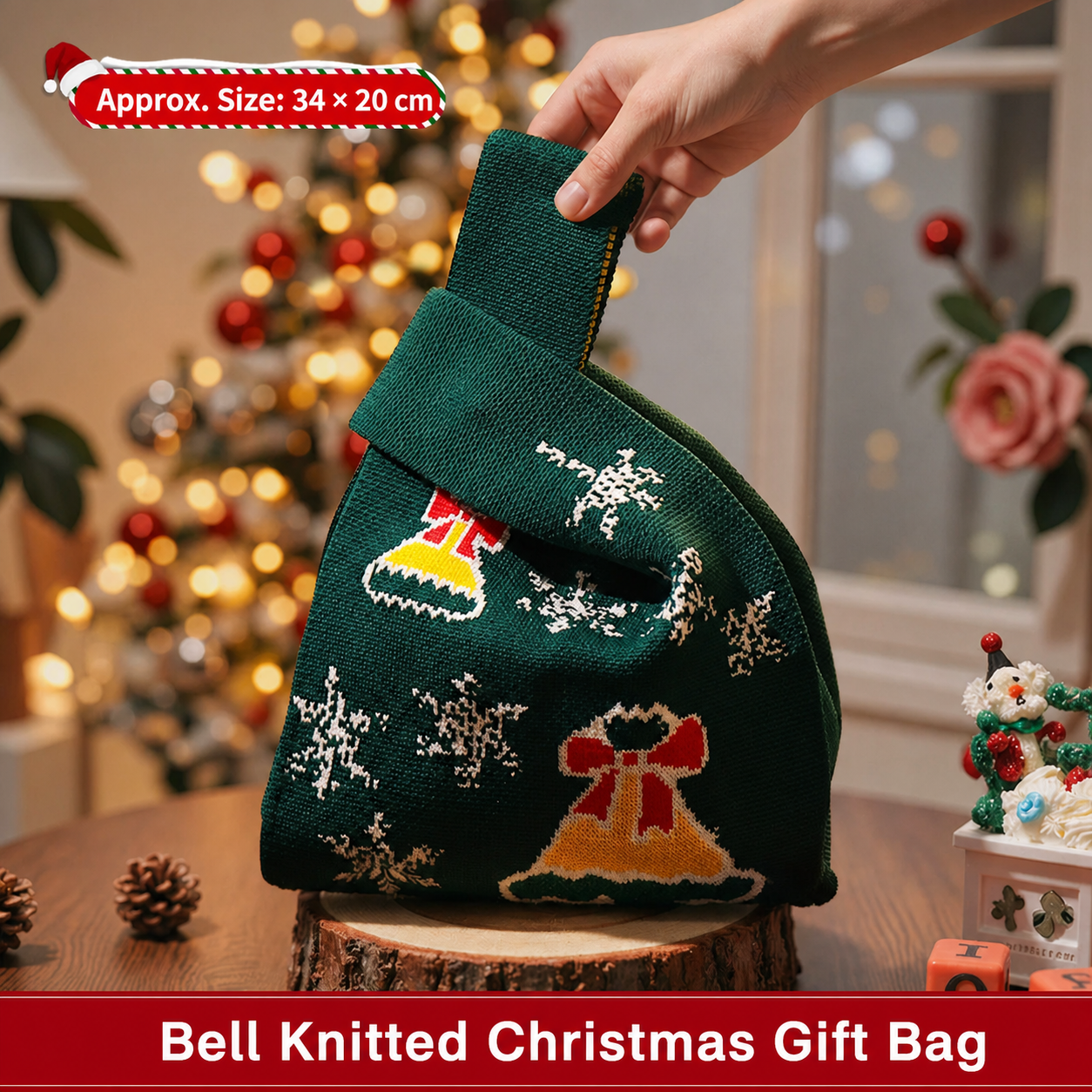 Bell knitted Christmas gift bag with loop handle