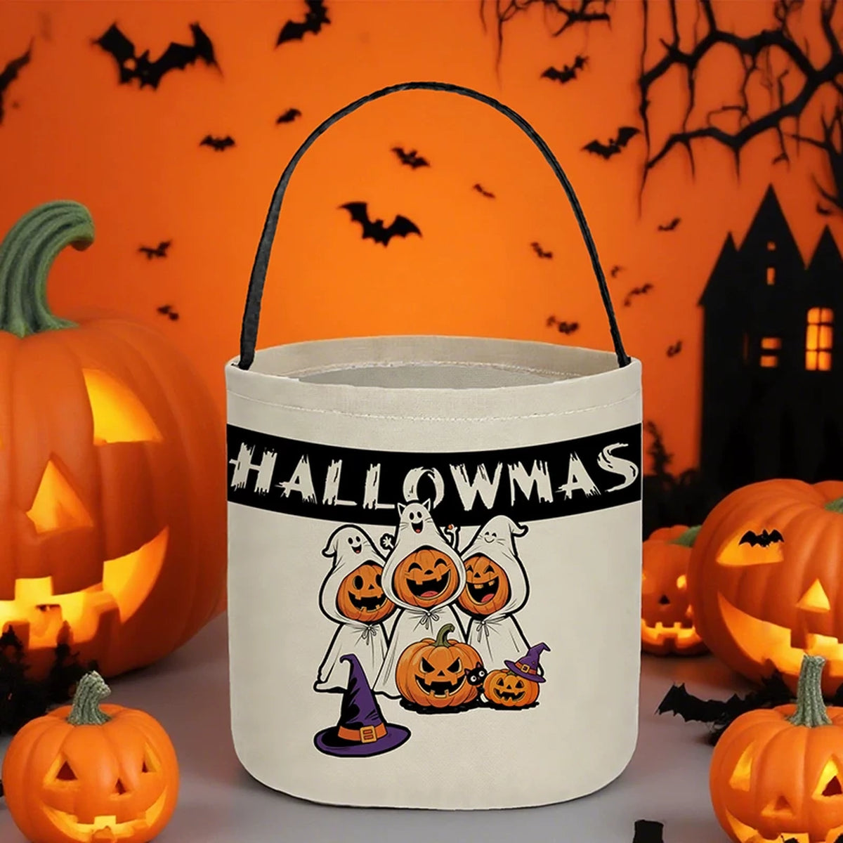Cylindrical Canvas Halloween Treat Bags with Handles