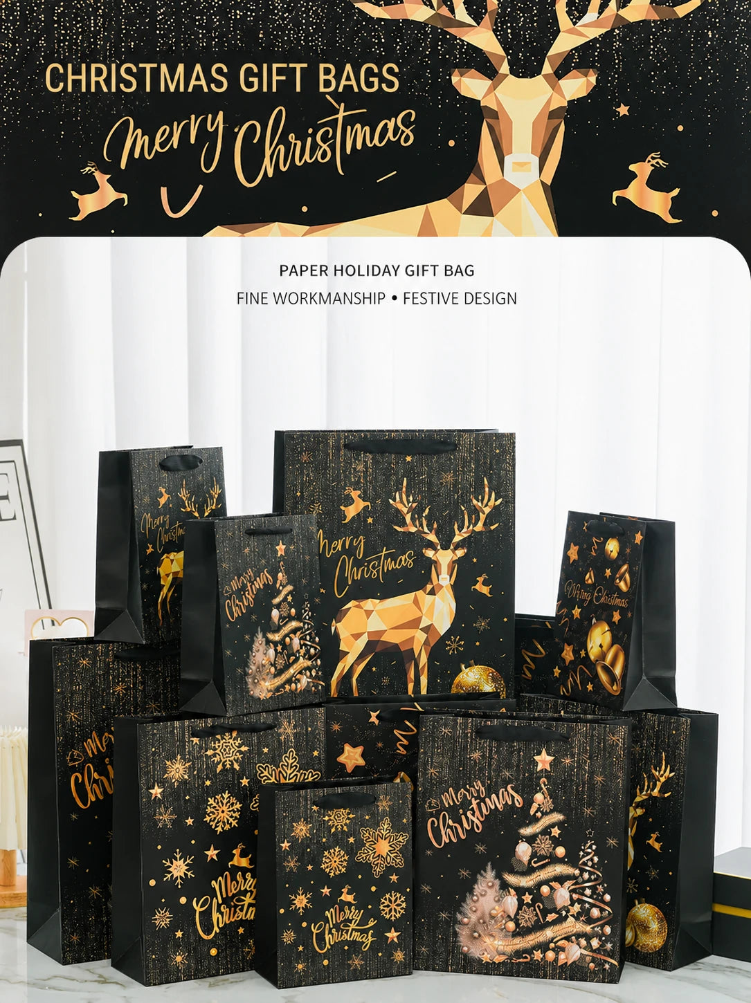 Black-and-gold Christmas paper gift bags in multiple sizes