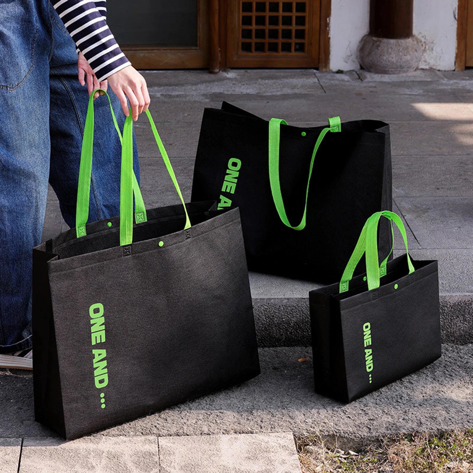 Black-Green Non-Woven Tote Bags — 8 Styles — Gusseted — Black & Green