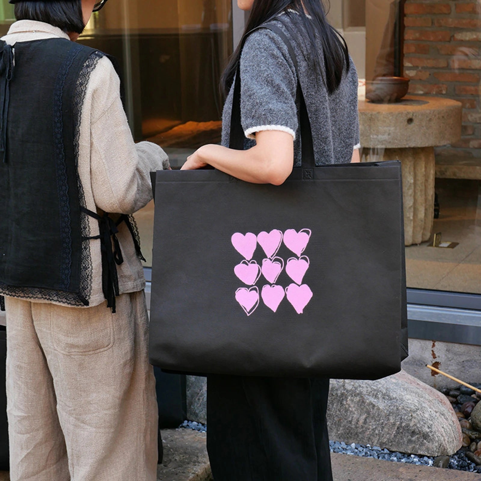 Black-Green Non-Woven Tote Bags — 8 Styles — Gusseted — Black & Pink