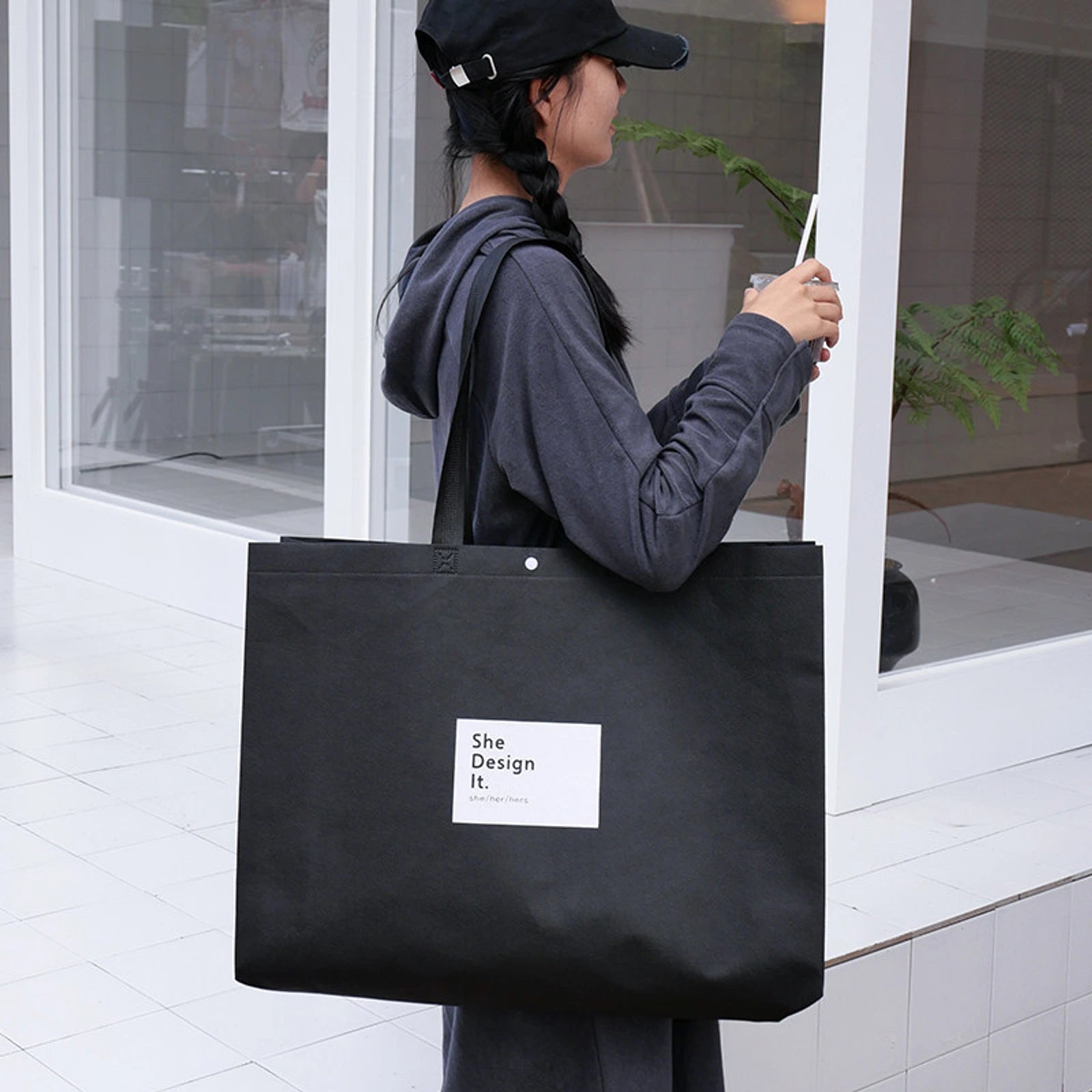 Black-Green Non-Woven Tote Bags — 8 Styles — Gusseted — Black with White Frame