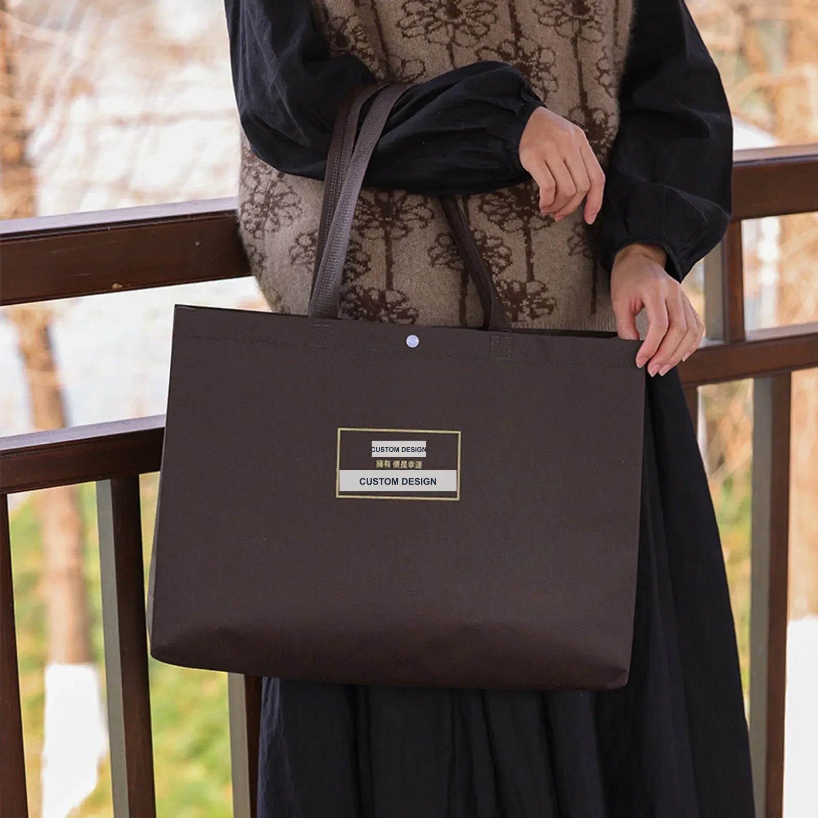 Black-Green Non-Woven Tote Bags — 8 Styles — Gusseted — Coffee Brown2