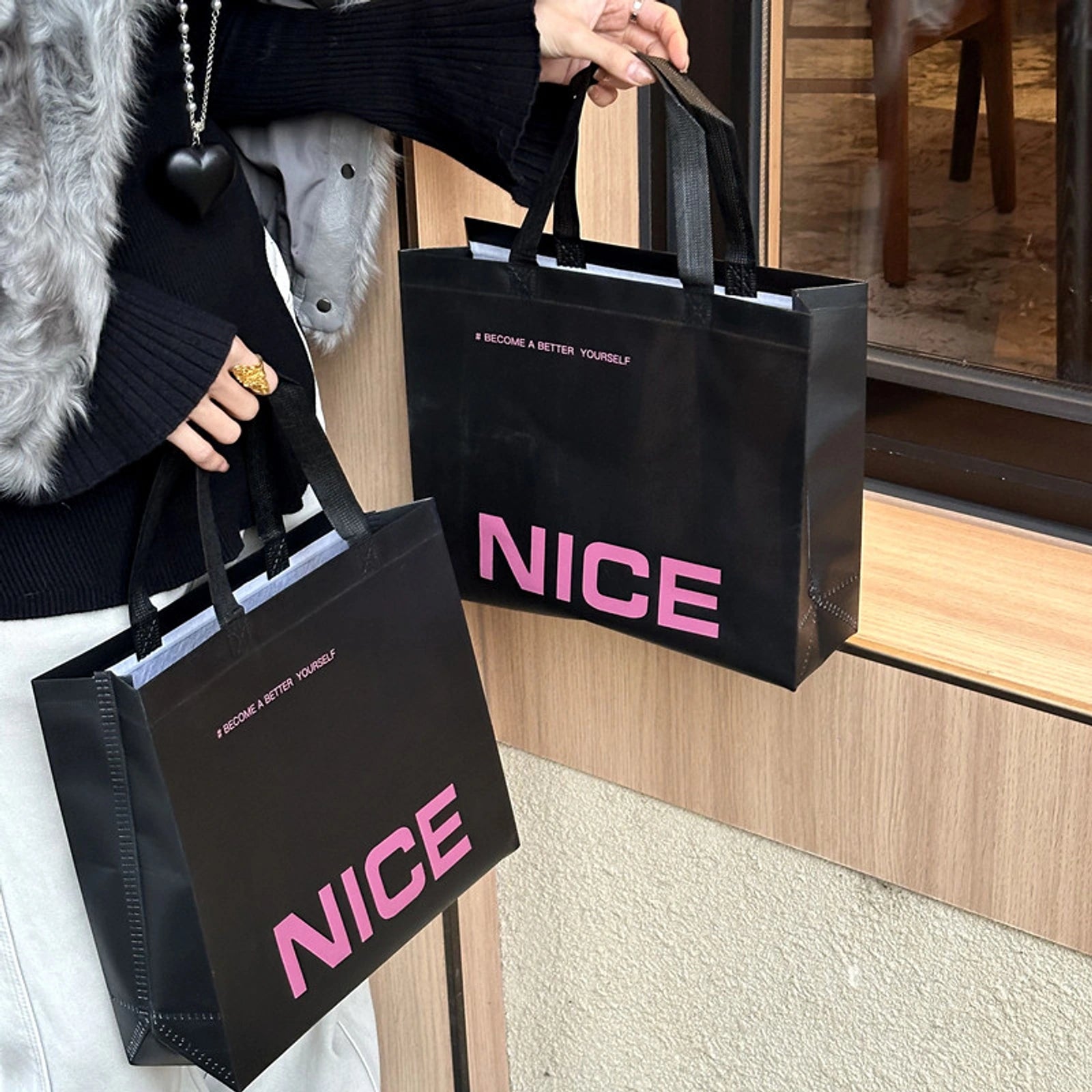 Black Laminated Non-Woven Tote Bags — Printed & Plain — Black — Nice Print