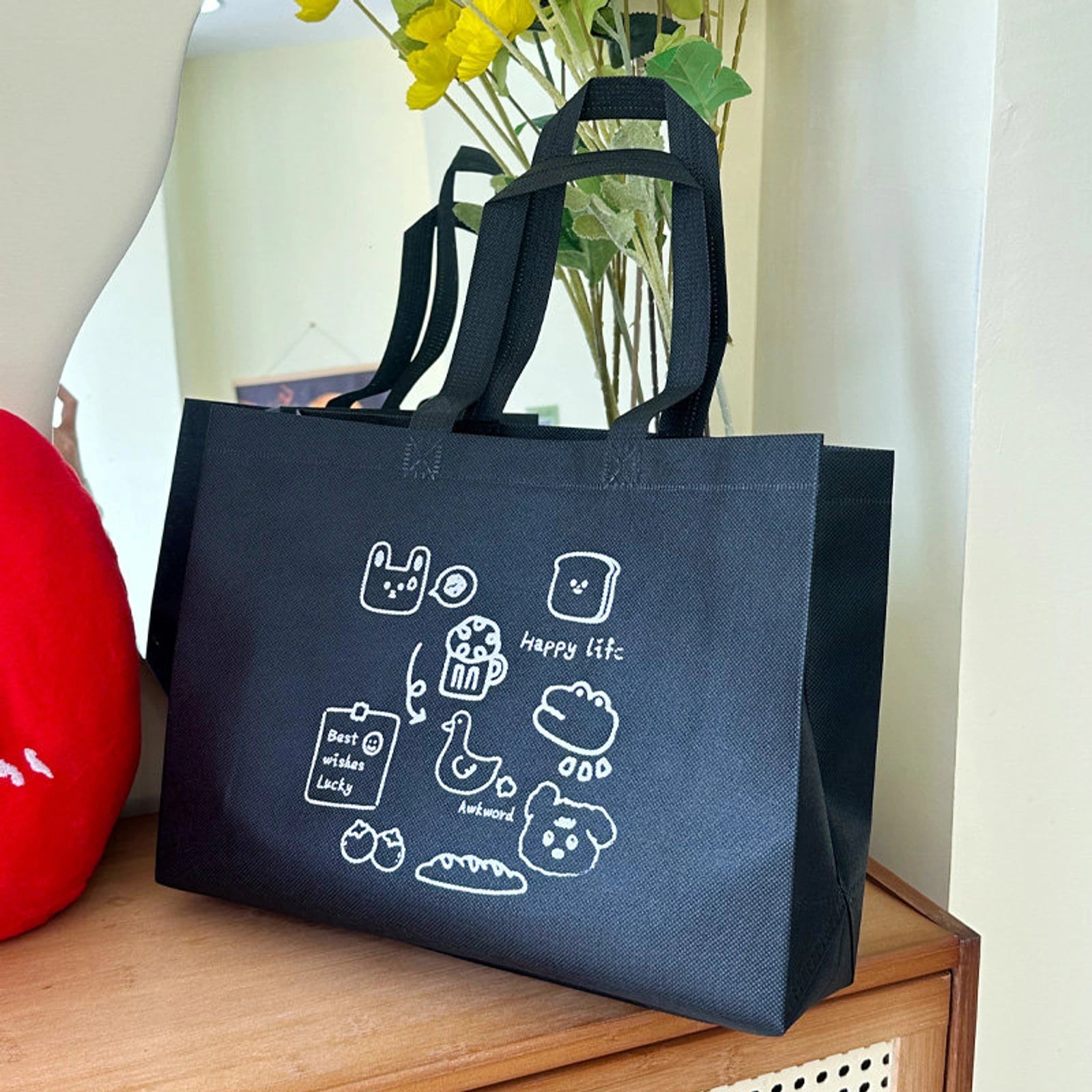 Black Non-Woven Tote Bags — 2 Styles — Black — Bread Bear Print