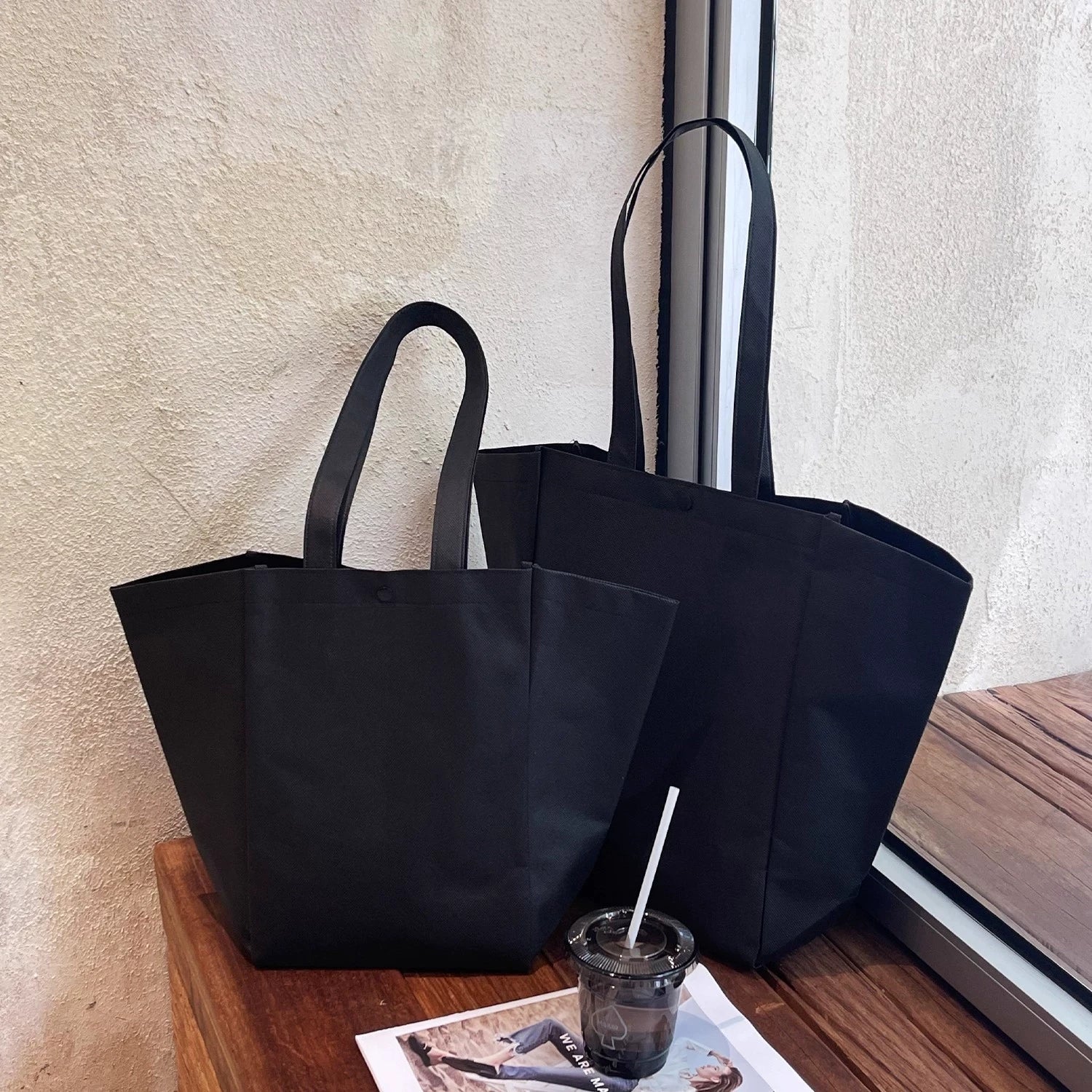 Black plain trapezoid non-woven tote bag