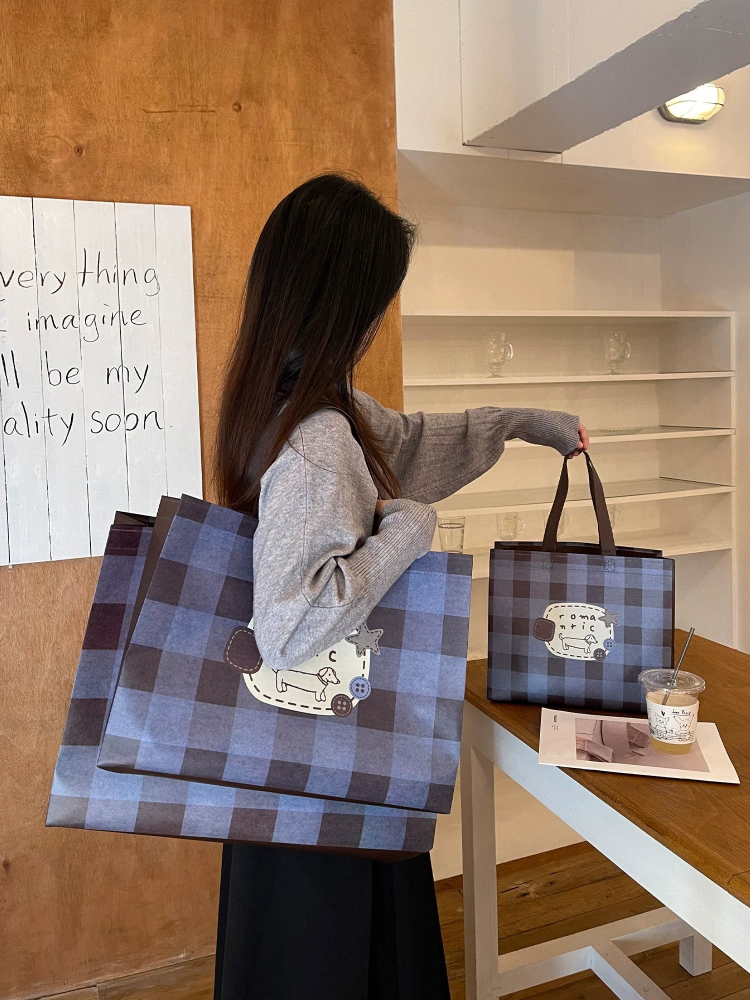 Laminated plaid dog-print non-woven tote bag lifestyle view
