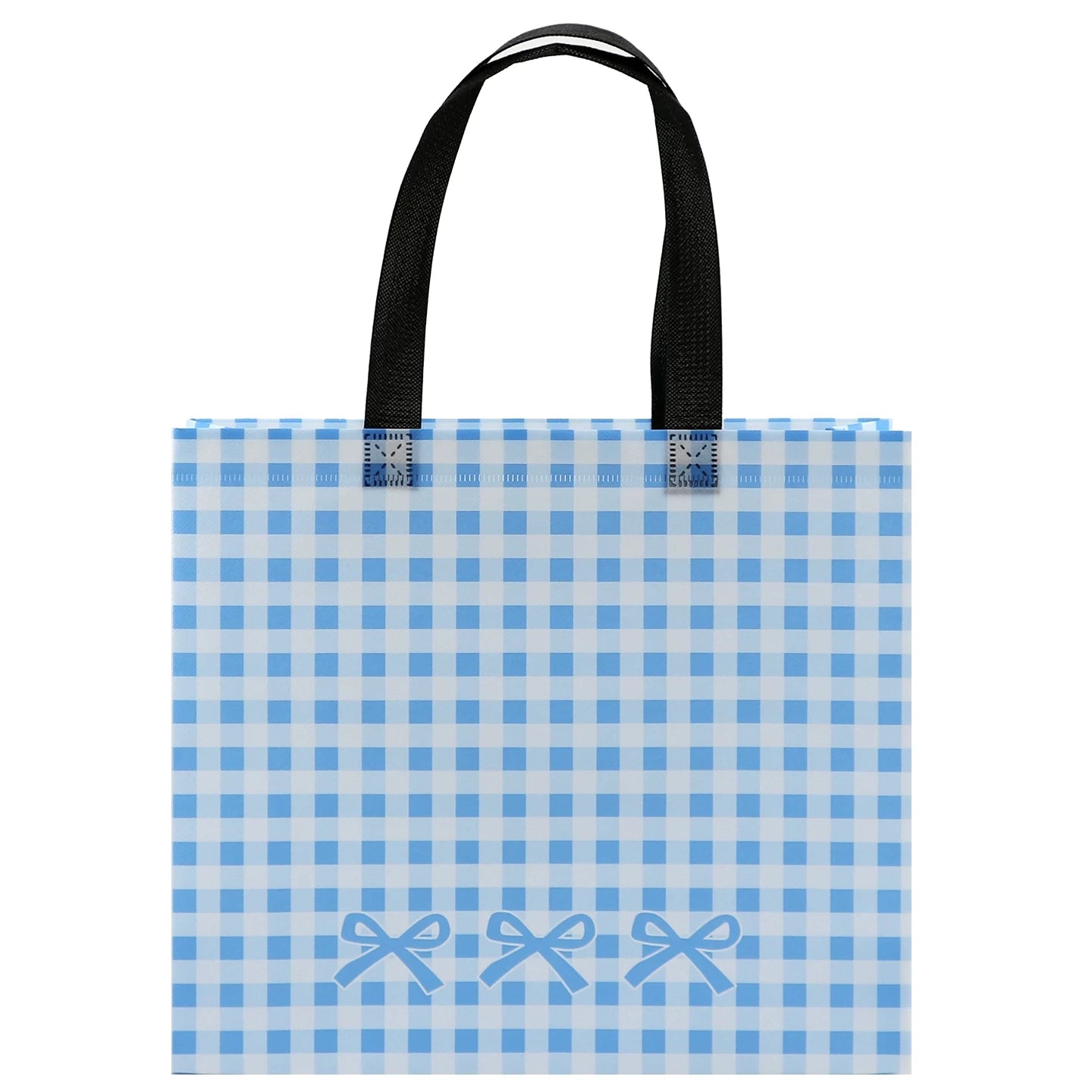 Blue plaid non-woven tote bag close-up