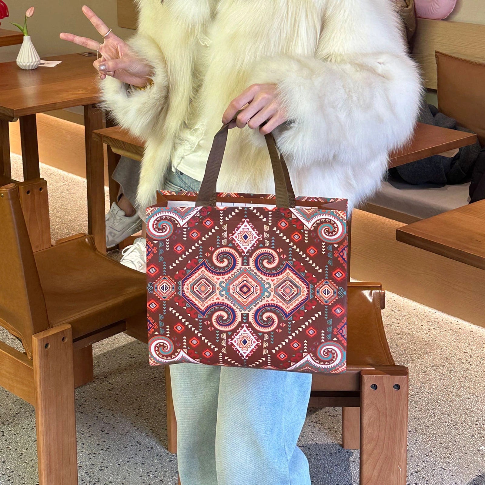 Bohemian Print Non-Woven Tote Bags — 2 Styles — Coffee Brown — Monogram Print