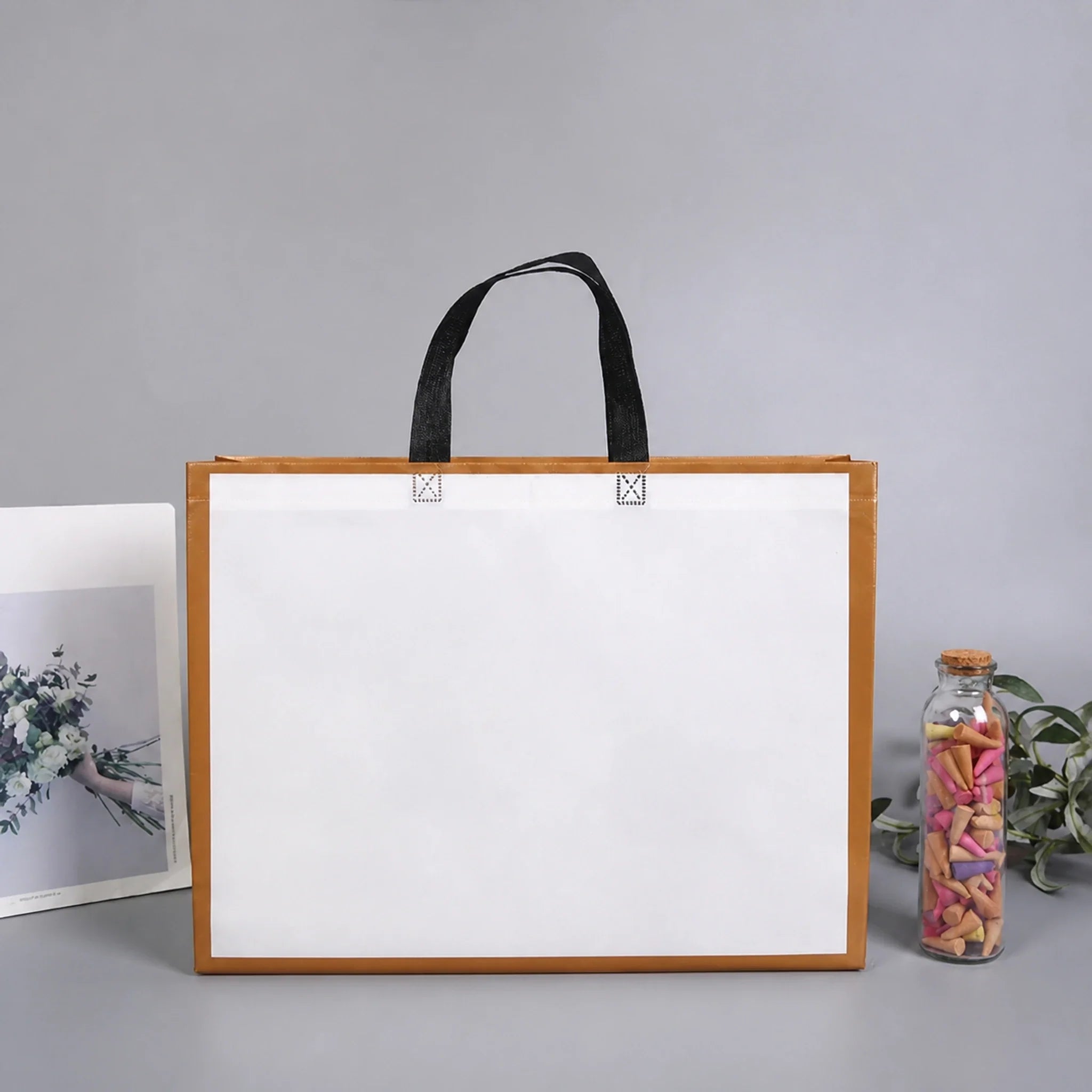 White Gold-Frame boutique laminated non-woven tote bags — 30 designs