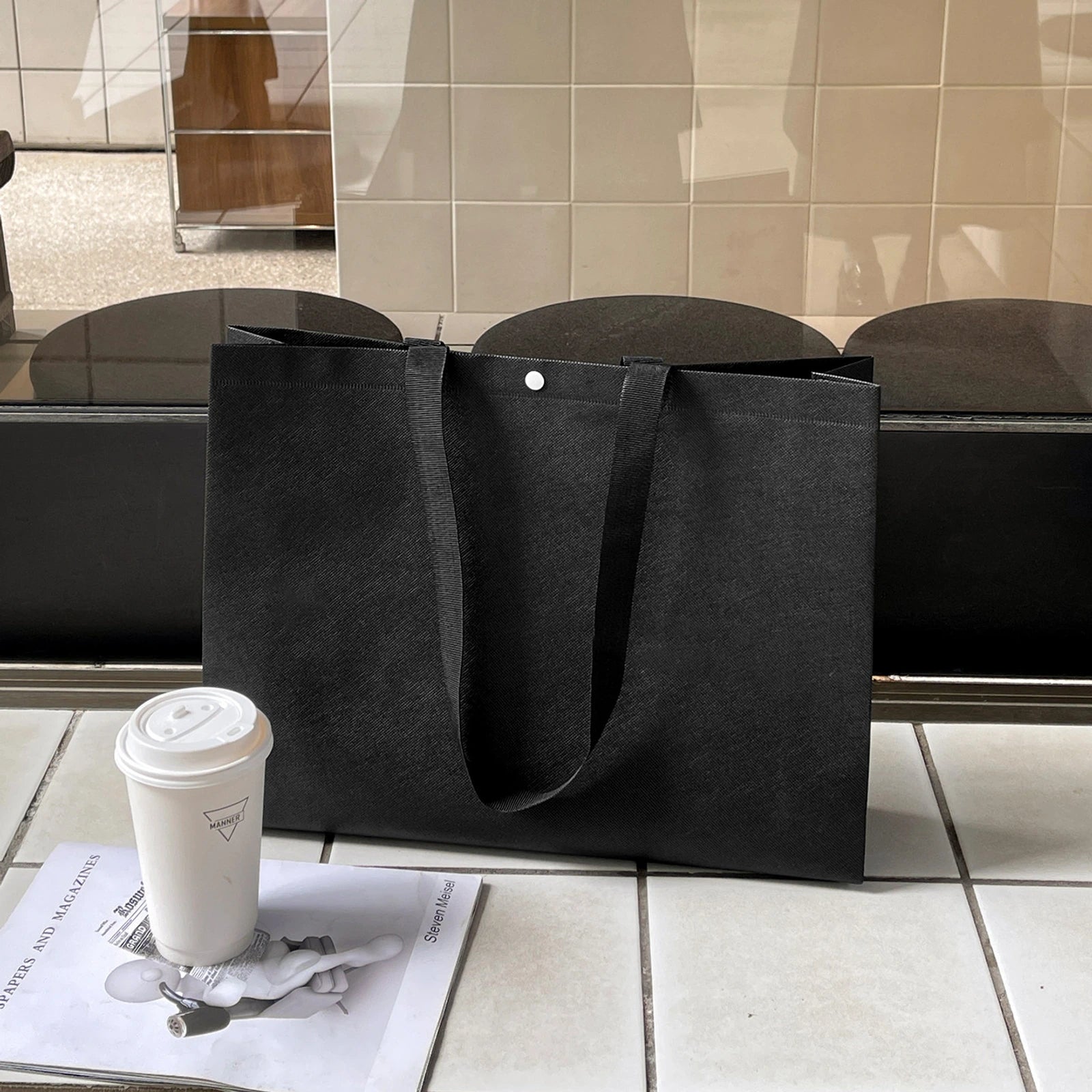 Boutique Non-Woven Tote Bags — 10 Styles — Black Plain Webbing Handles Tote