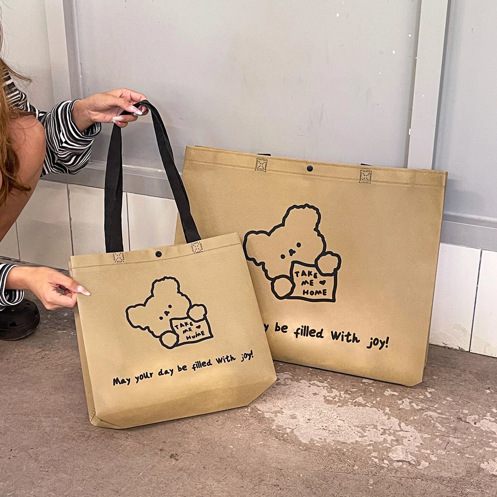 Boutique Non-Woven Tote Bags — 10 Styles — Brown Happy Bear Print Webbing Handles Tote