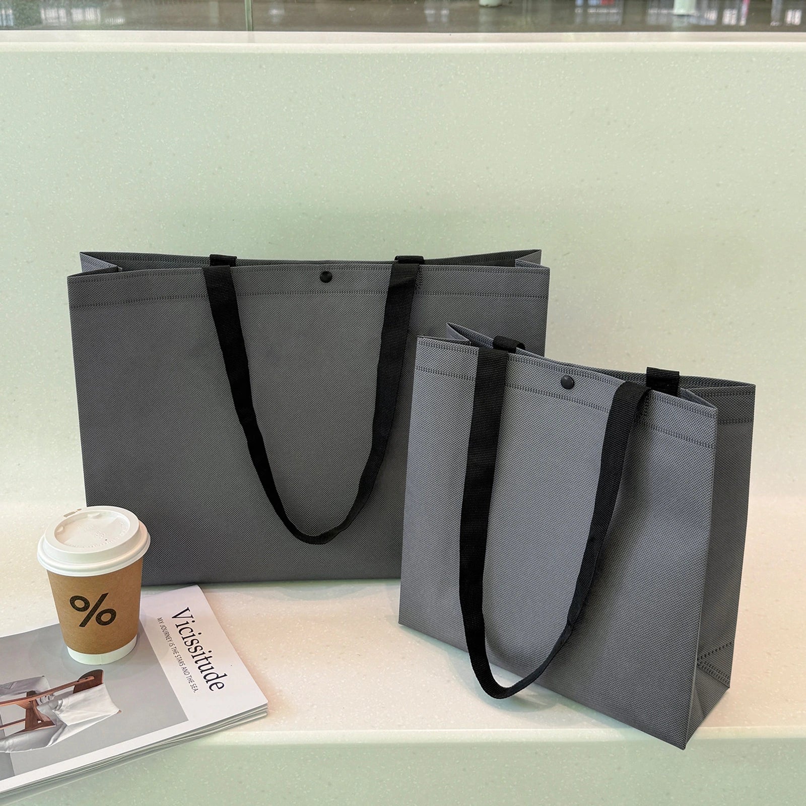 Boutique Non-Woven Tote Bags — 10 Styles — Dark Gray Plain Webbing Handles Tote