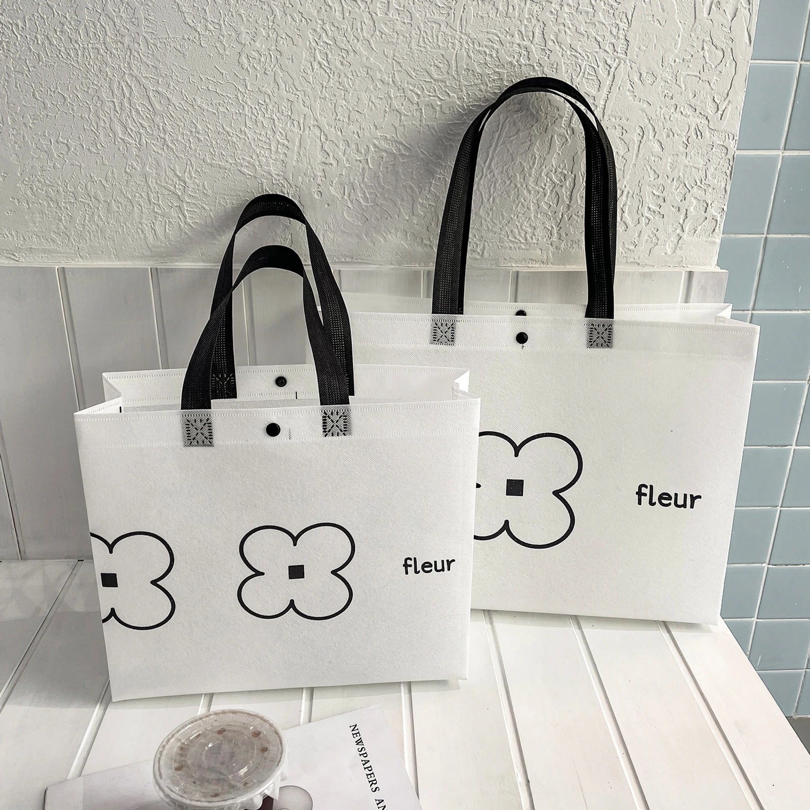 Boutique Non-Woven Tote Bags — 10 Styles — White Floral Print Tote
