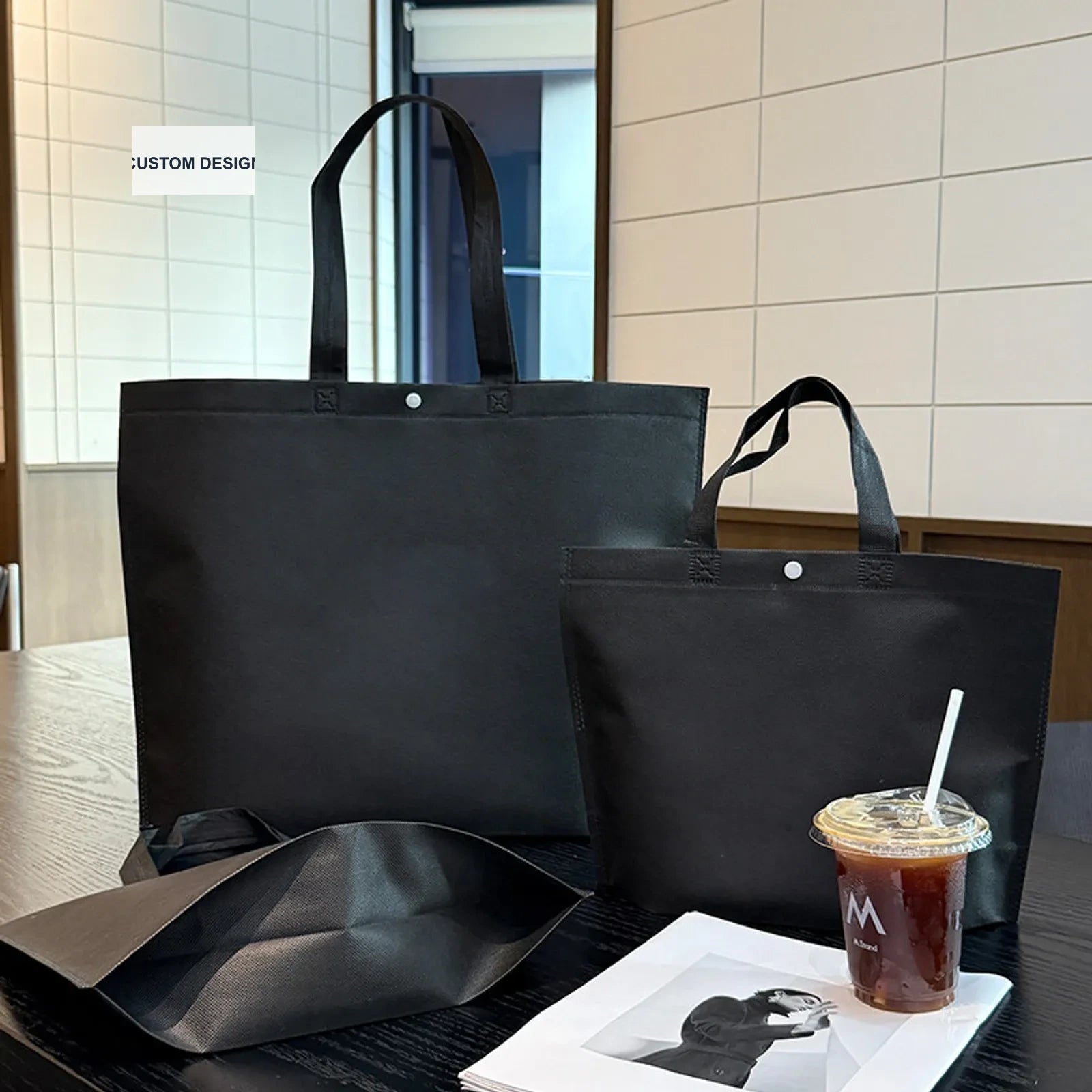 Boutique Non-Woven Tote Bags — 11 Styles — Heavy — Duty Tote — Black Plain