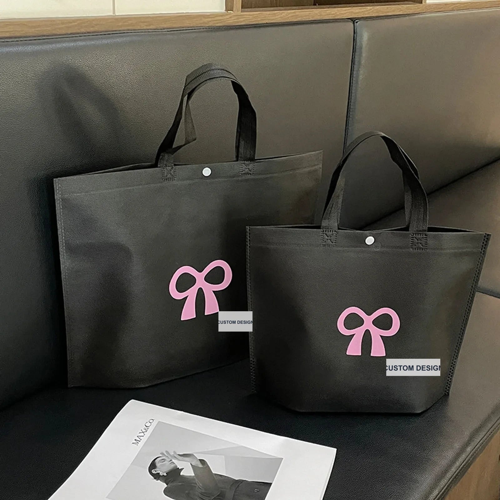 Boutique Non-Woven Tote Bags — 11 Styles — Heavy — Duty Tote — Bow Print Black