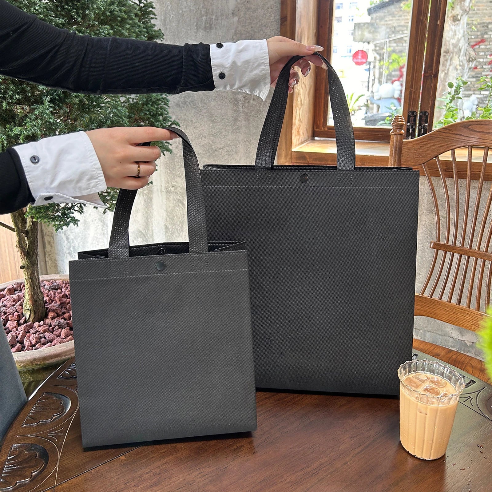 Boutique Non-Woven Tote Bags — 12 Styles — Black Snap — Closure Plain
