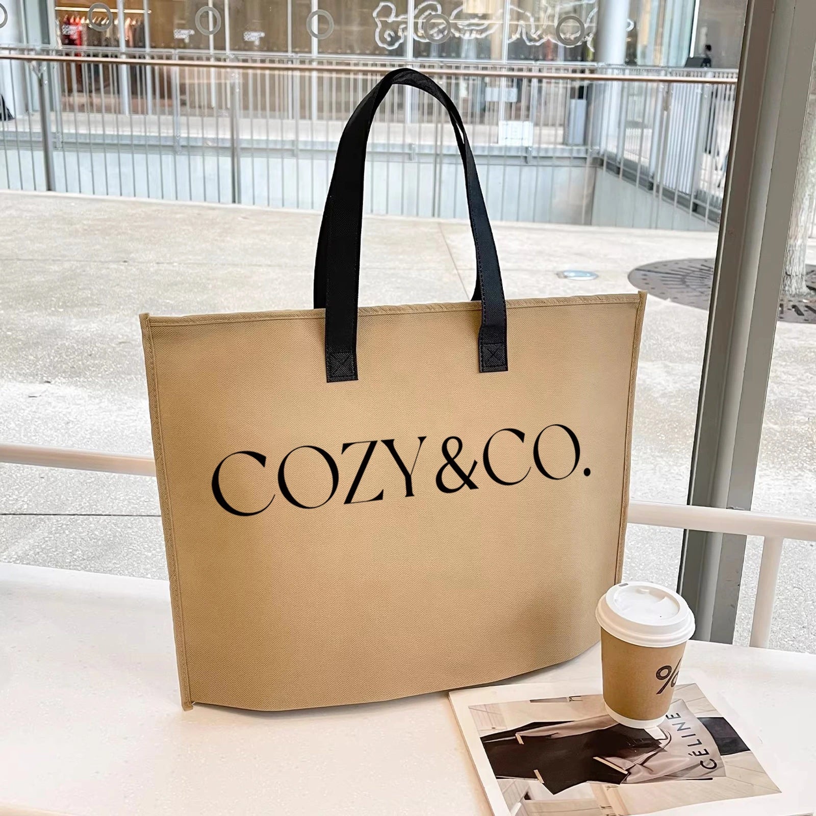 Boutique Non-Woven Tote Bags — 12 Styles — Brown COZYZipper Tote Sewn Edging Heavy — Duty