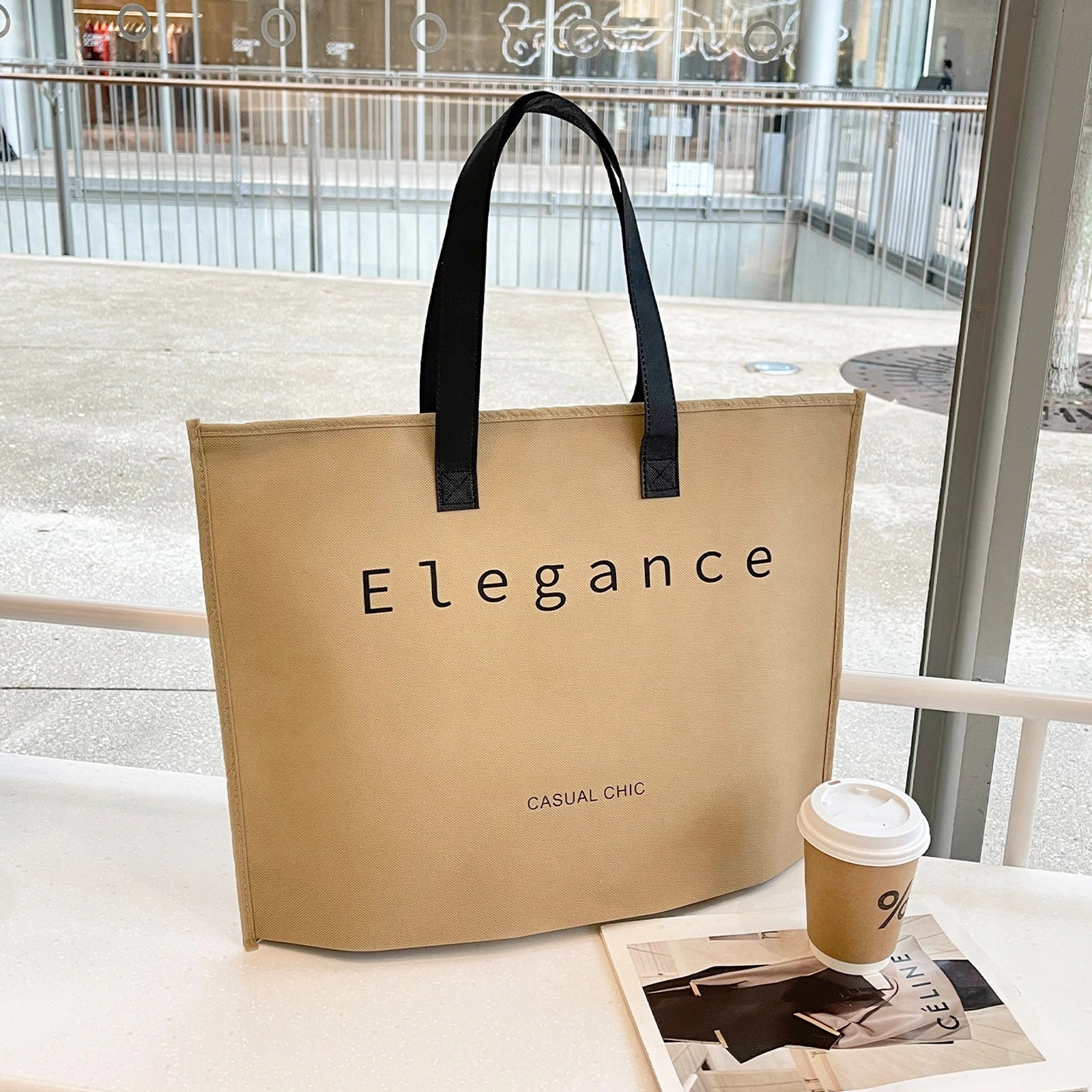 Boutique Non-Woven Tote Bags — 12 Styles — Brown Elegance Zipper Tote Zipper Closure Easy — Open