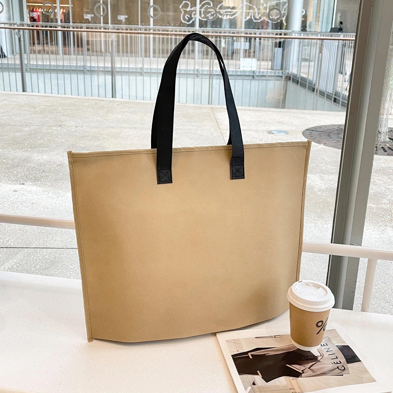 Boutique Non-Woven Tote Bags — 12 Styles — Brown Plain Zipper Tote Cross — Stitched Handles — 12.5–15 kg Load