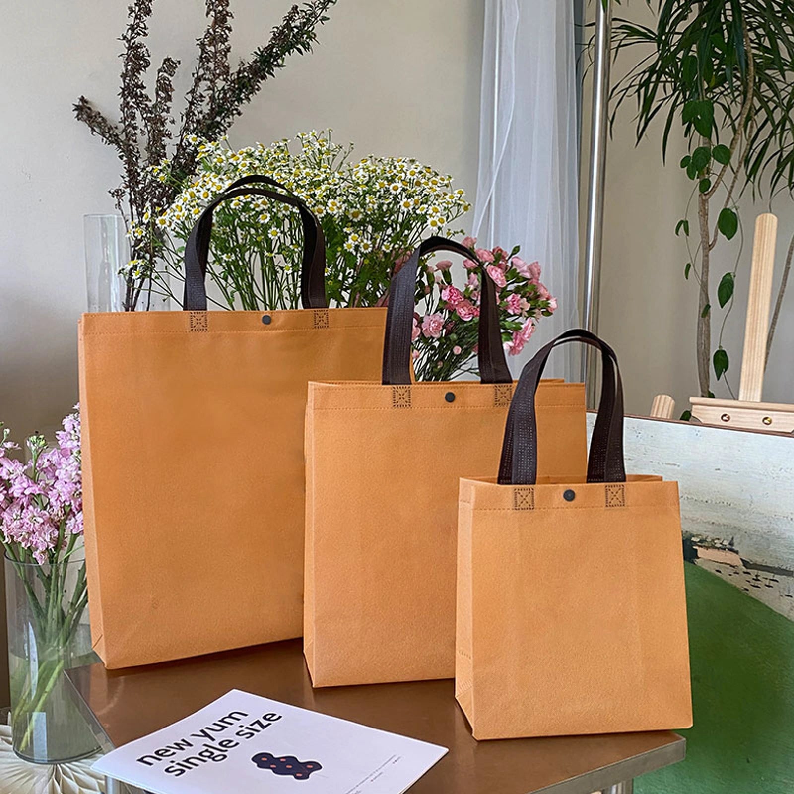 Boutique Non-Woven Tote Bags — 12 Styles — Khaki Plain Snap — Closure