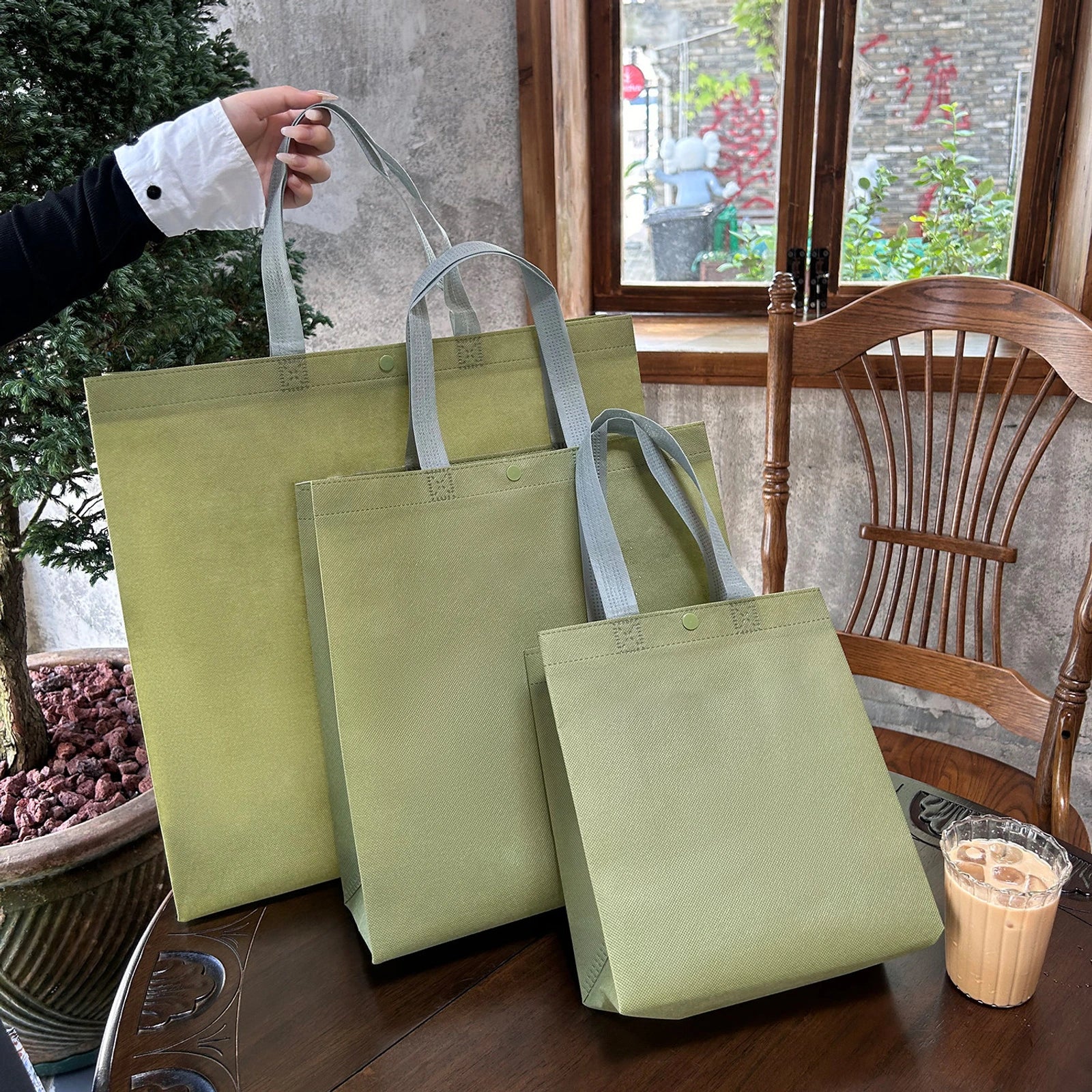 Boutique Non-Woven Tote Bags — 12 Styles — Matcha Green Snap — Closure Plain